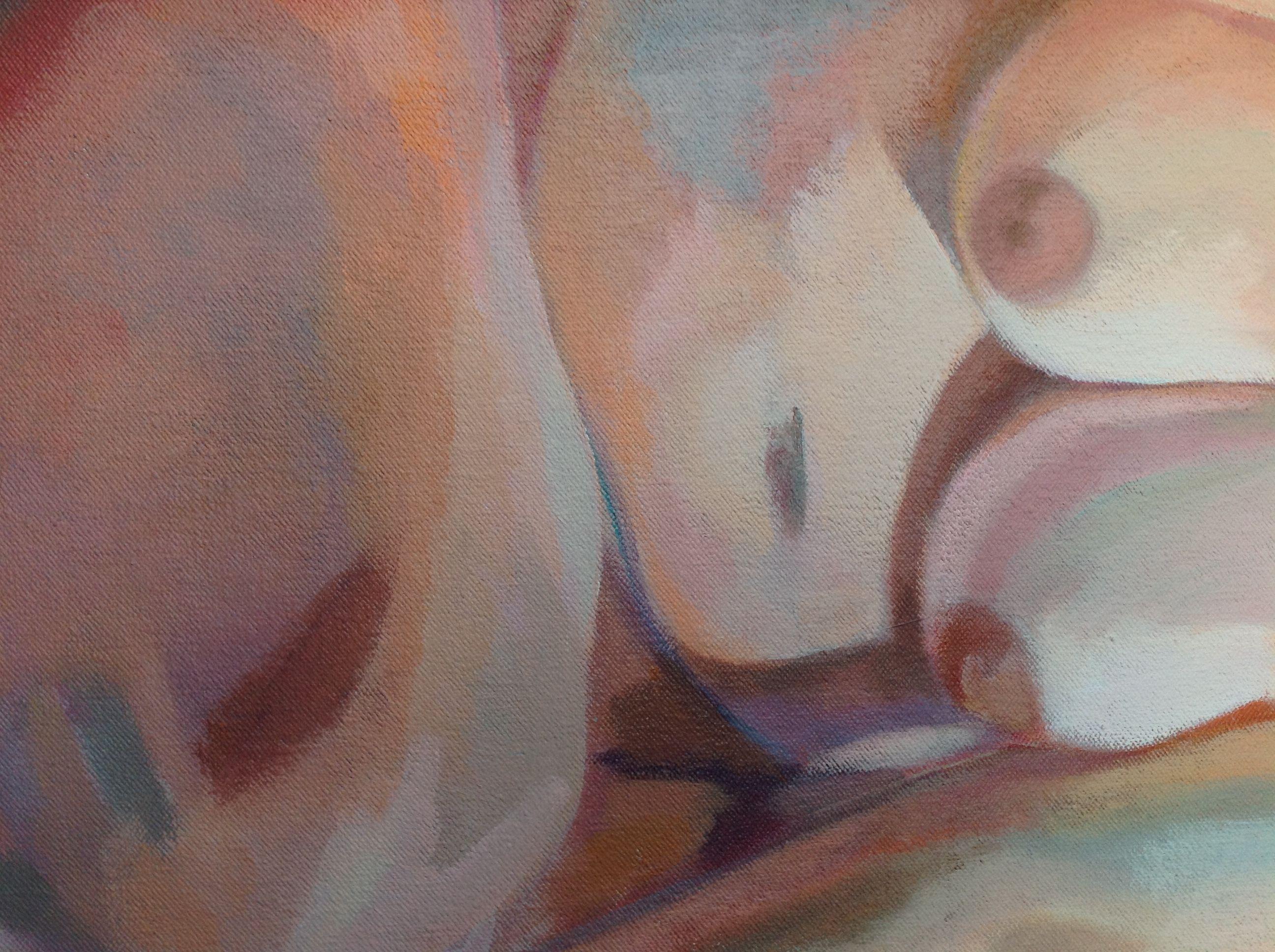 Acrylic on unmounted canvas.  Belongs to a series of works on the nude figure one of her favourite subjects. She enjoys  painting the flesh and how light falls on the model. :: Painting :: Contemporary :: This piece comes with an official