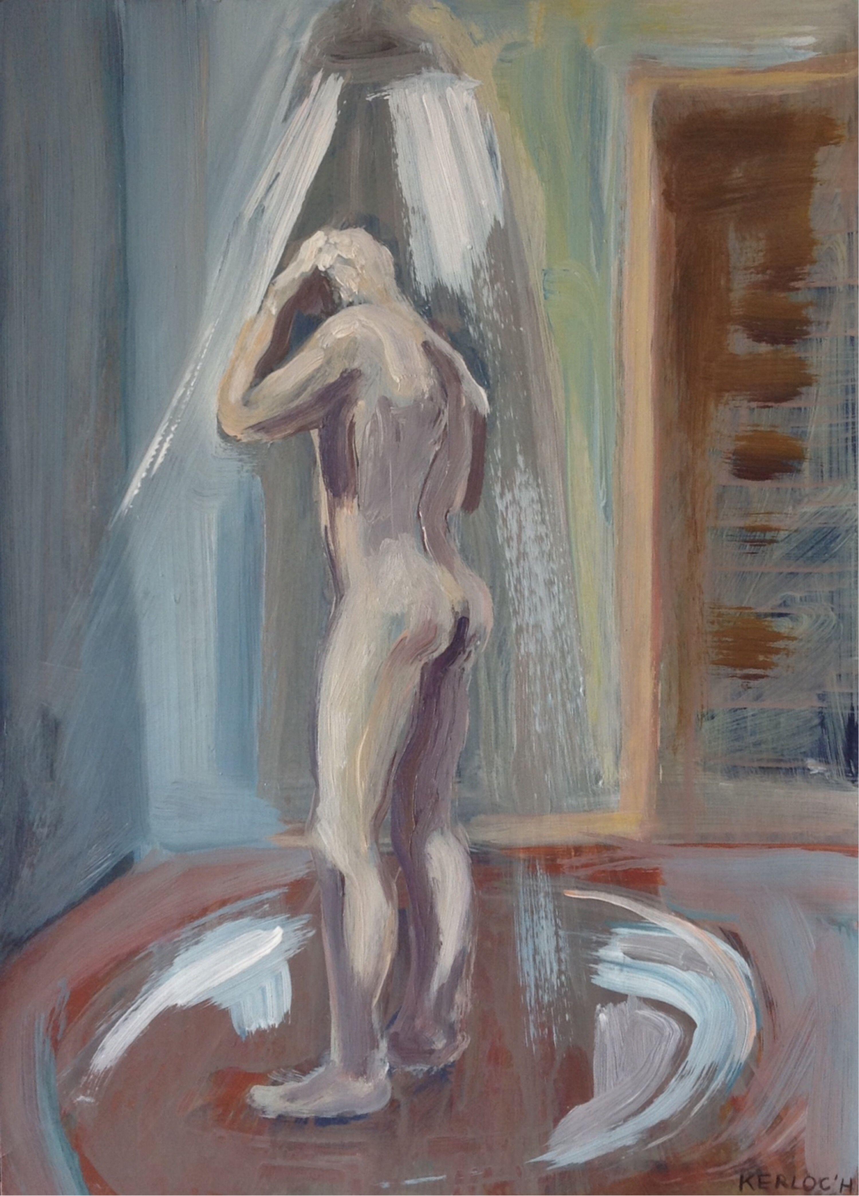 Acrylic on heavyweight archival quality paper. Man in the shower :: Painting :: Contemporary :: This piece comes with an official certificate of authenticity signed by the artist :: Ready to Hang: No :: Signed: Yes :: Signature Location: On the