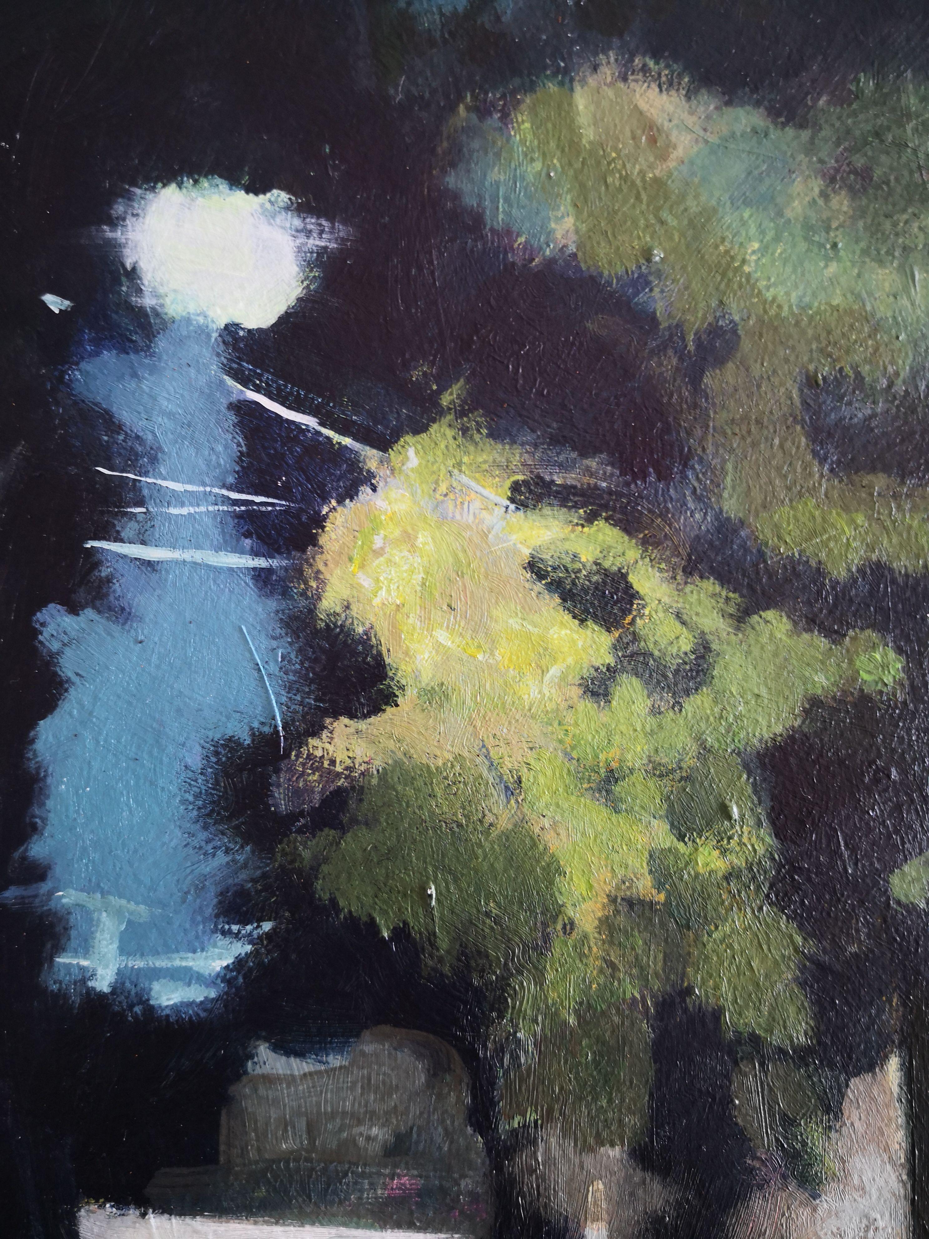 Landscape at Night, Painting, Acrylic on Paper For Sale 4