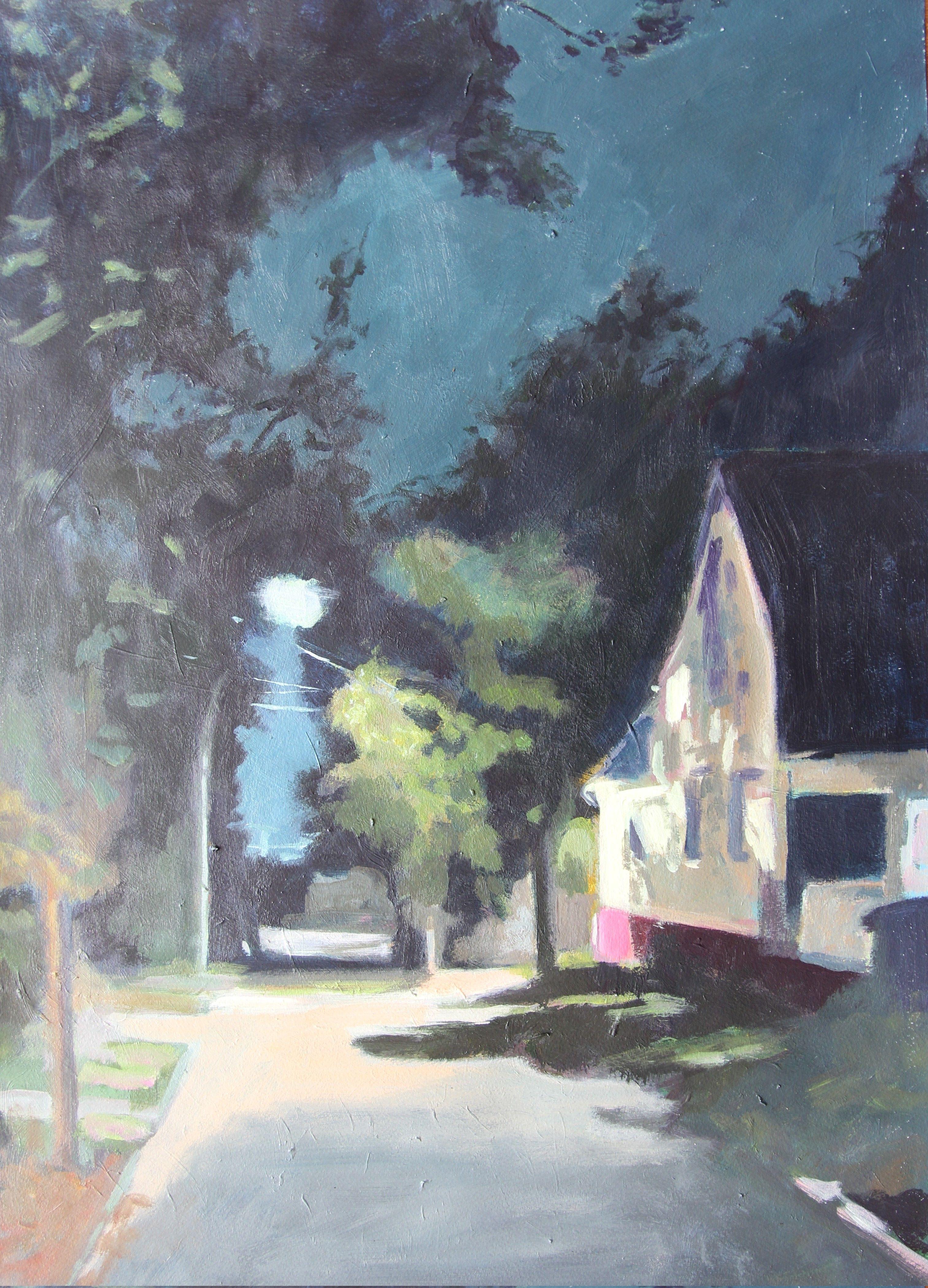 Acrylic work on archival quality paper. Depiction of a summer night in a suburb. I like walking at night in suburbs, especially in the summer. there is a certain quietness and mysterious atmosphere that attracts me. :: Painting :: Expressionism ::