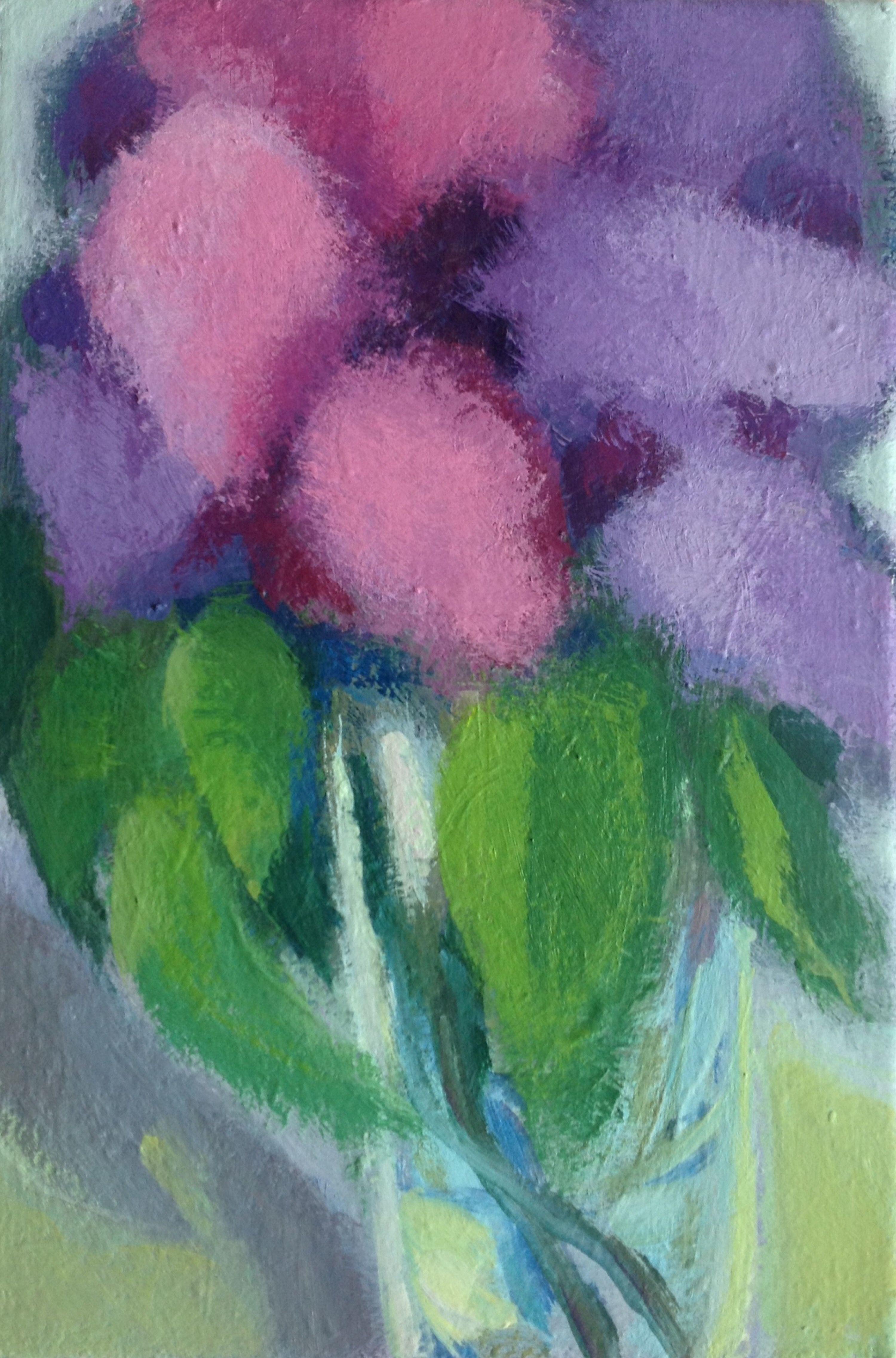 Acrylic on canvas. Small format. Heavy brushstrokes.  Lilacs are the flowers of my childhood. I had a little garden of my own at the farm where I lived in France.. When they were in bloom I knew spring was here and soon the end of school. ::