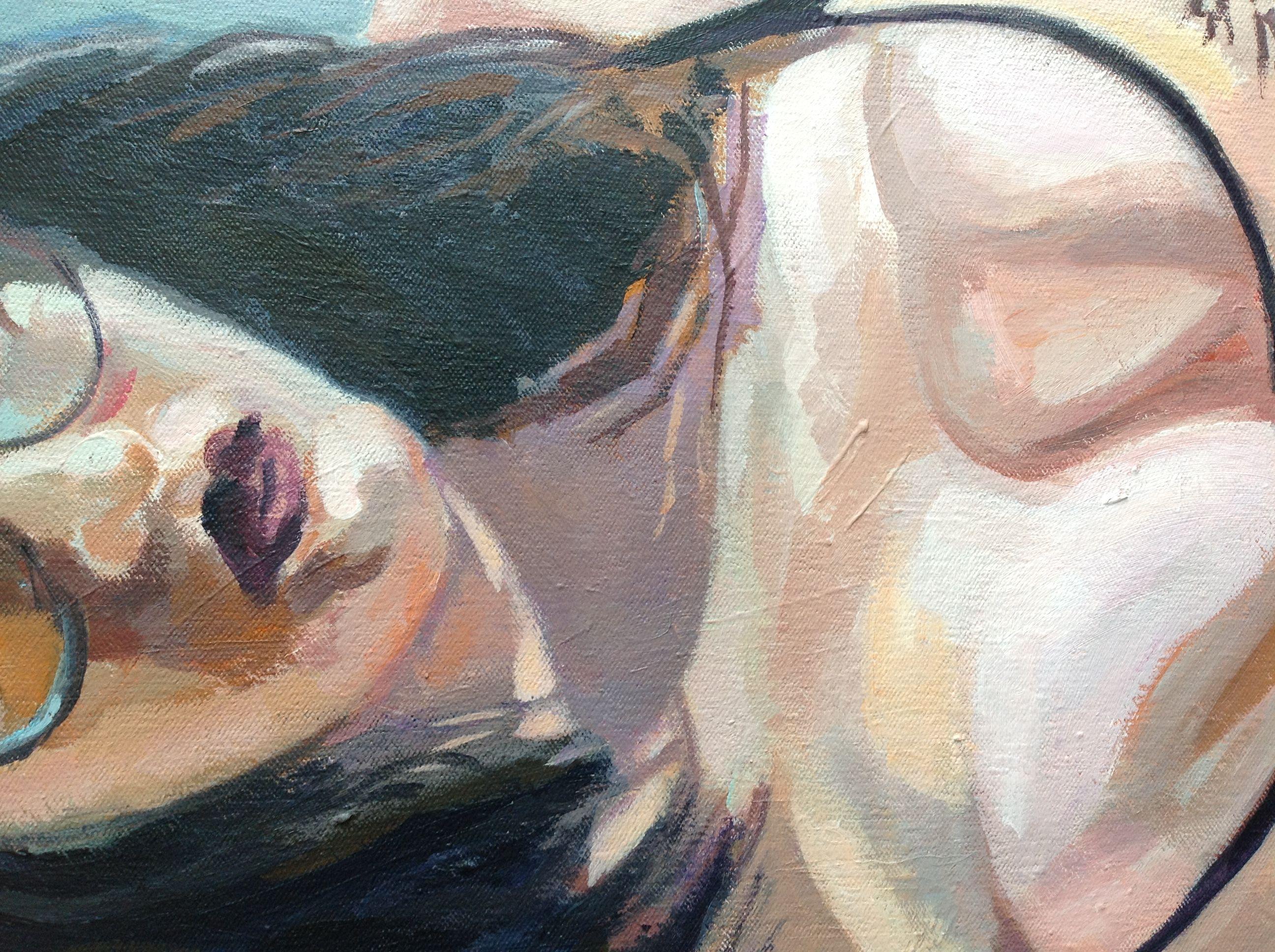 Opera in acrilico su tela non montata.  Rappresenta una giovane donna voluttuosa in posa e che guarda direttamente lo spettatore. Unbashful. :: Pittura :: Espressionismo :: Questo pezzo viene fornito con un certificato ufficiale di autenticità