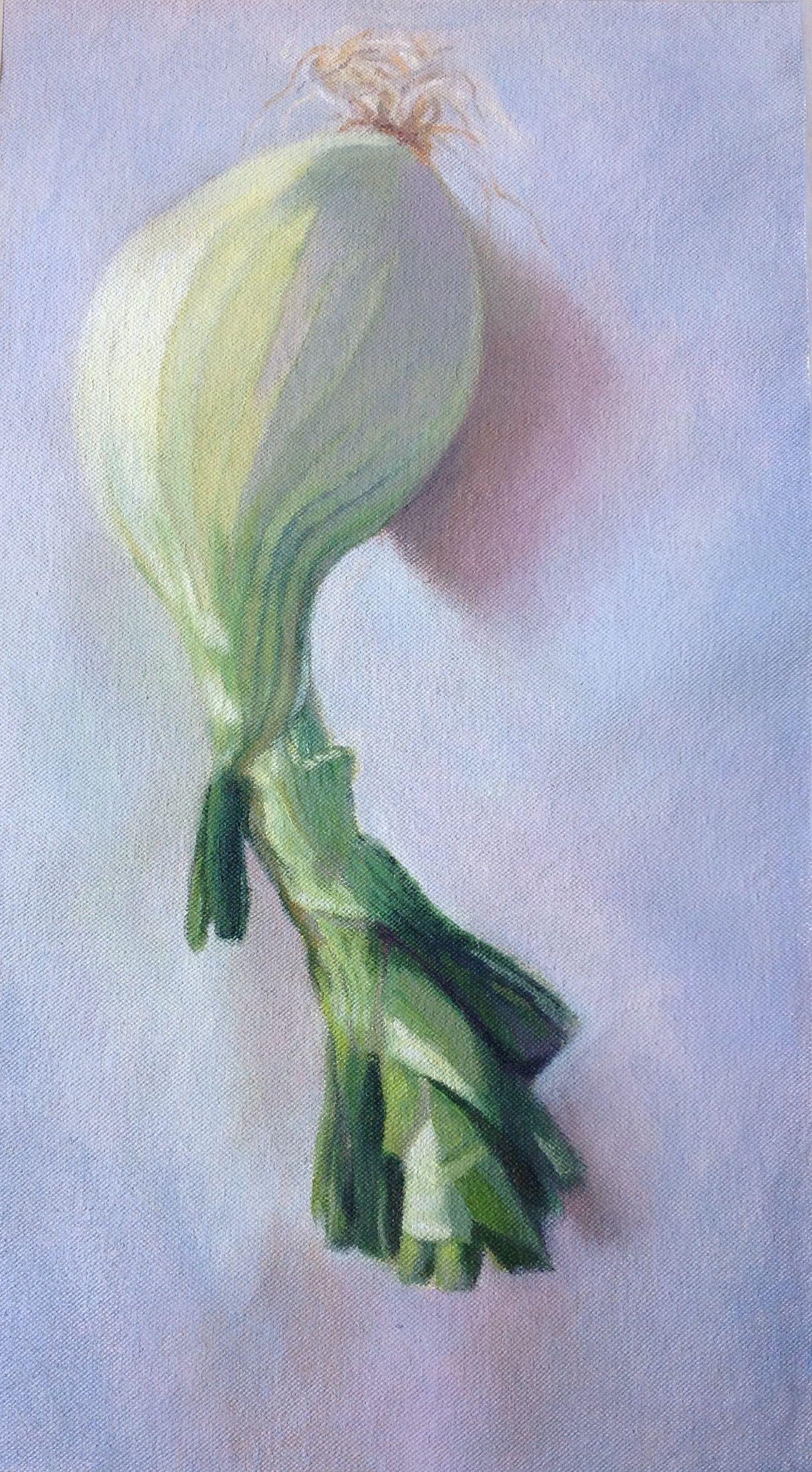 Acrylic on canvas. I liked the graceful shape of the onion and delicate greens degrading to almost white. :: Painting :: Contemporary :: This piece comes with an official certificate of authenticity signed by the artist :: Ready to Hang: No ::