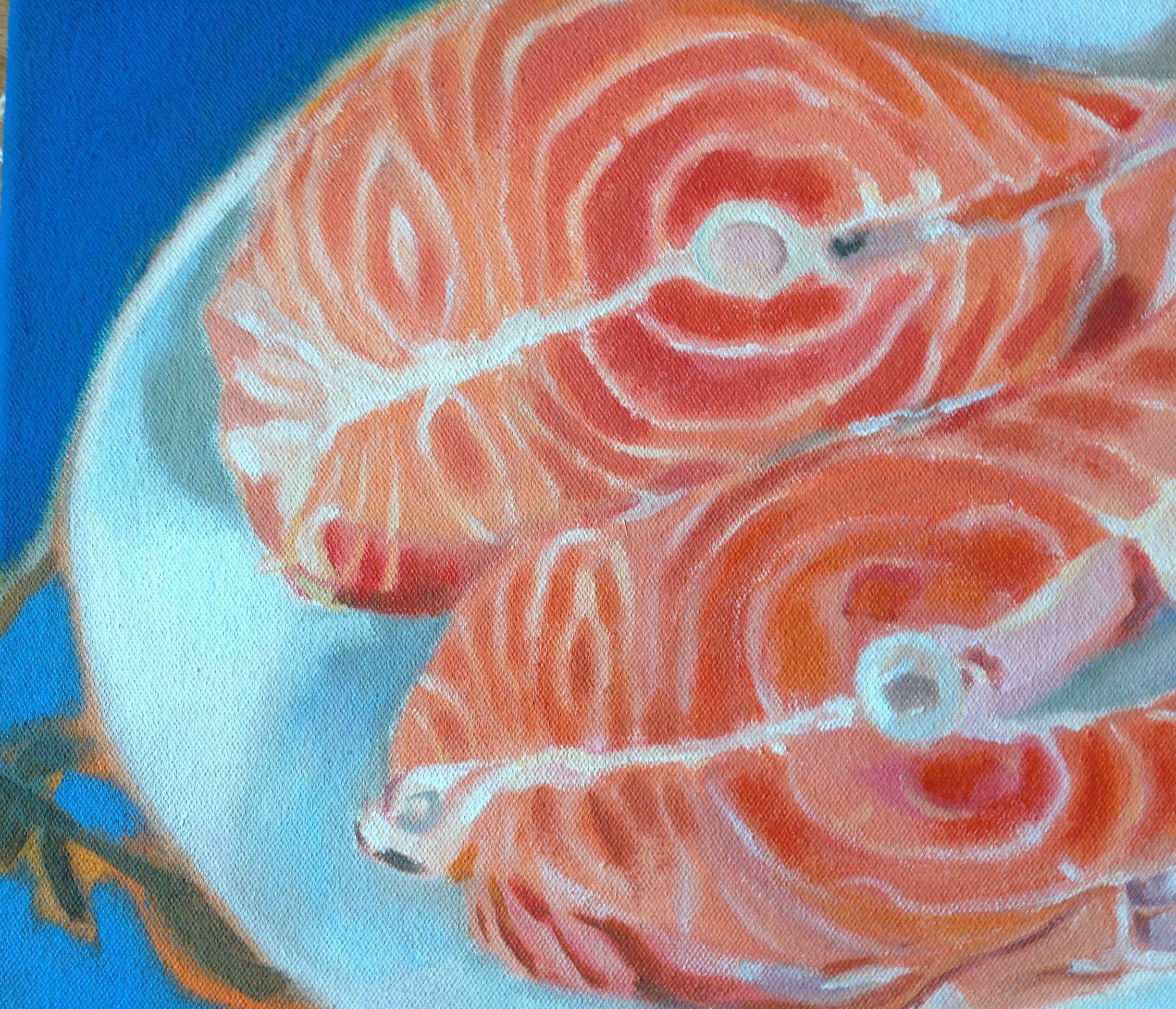 Salmon for Lunch, Painting, Acrylic on Canvas For Sale 1