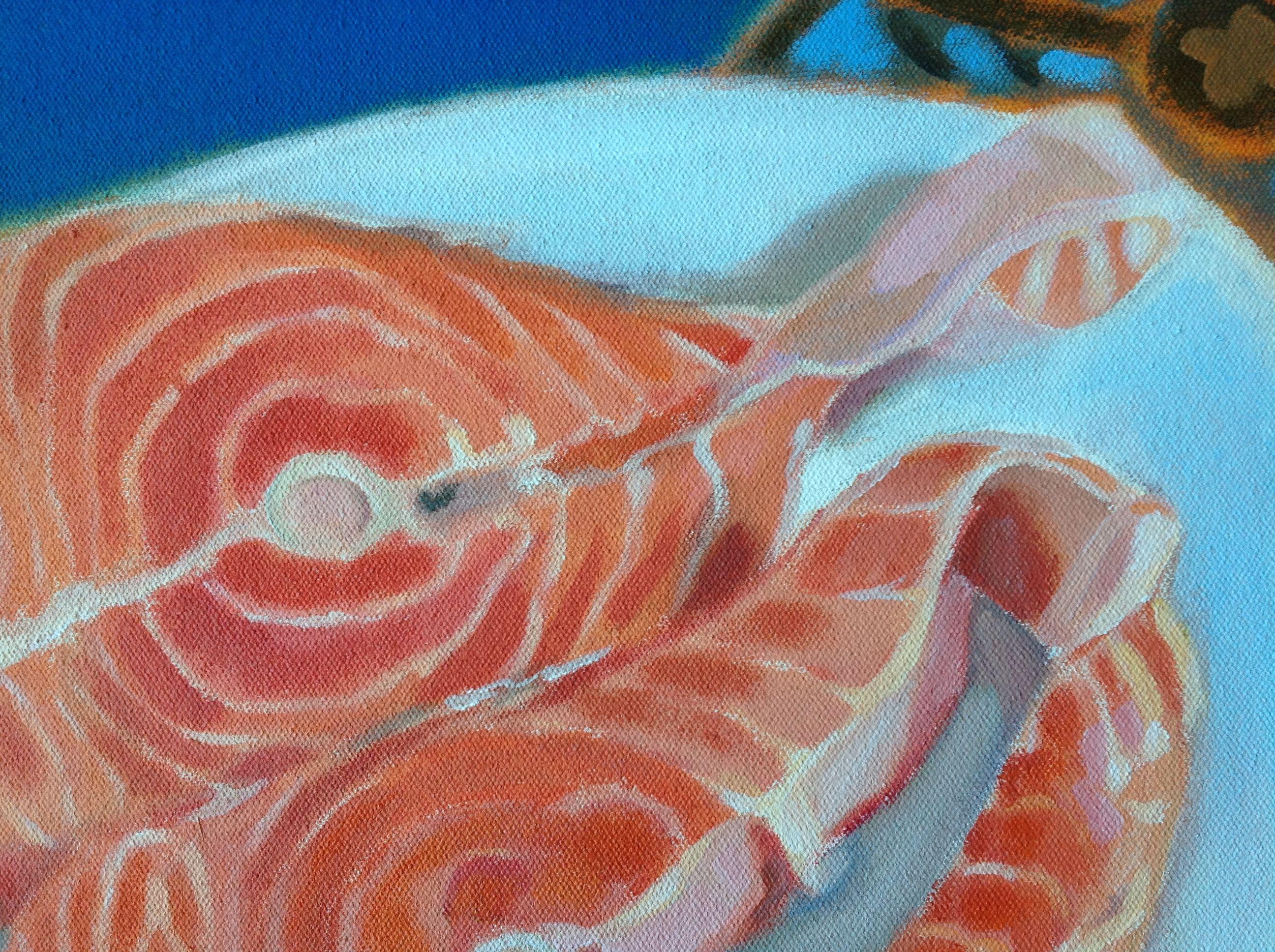 Salmon for Lunch, Painting, Acrylic on Canvas For Sale 3