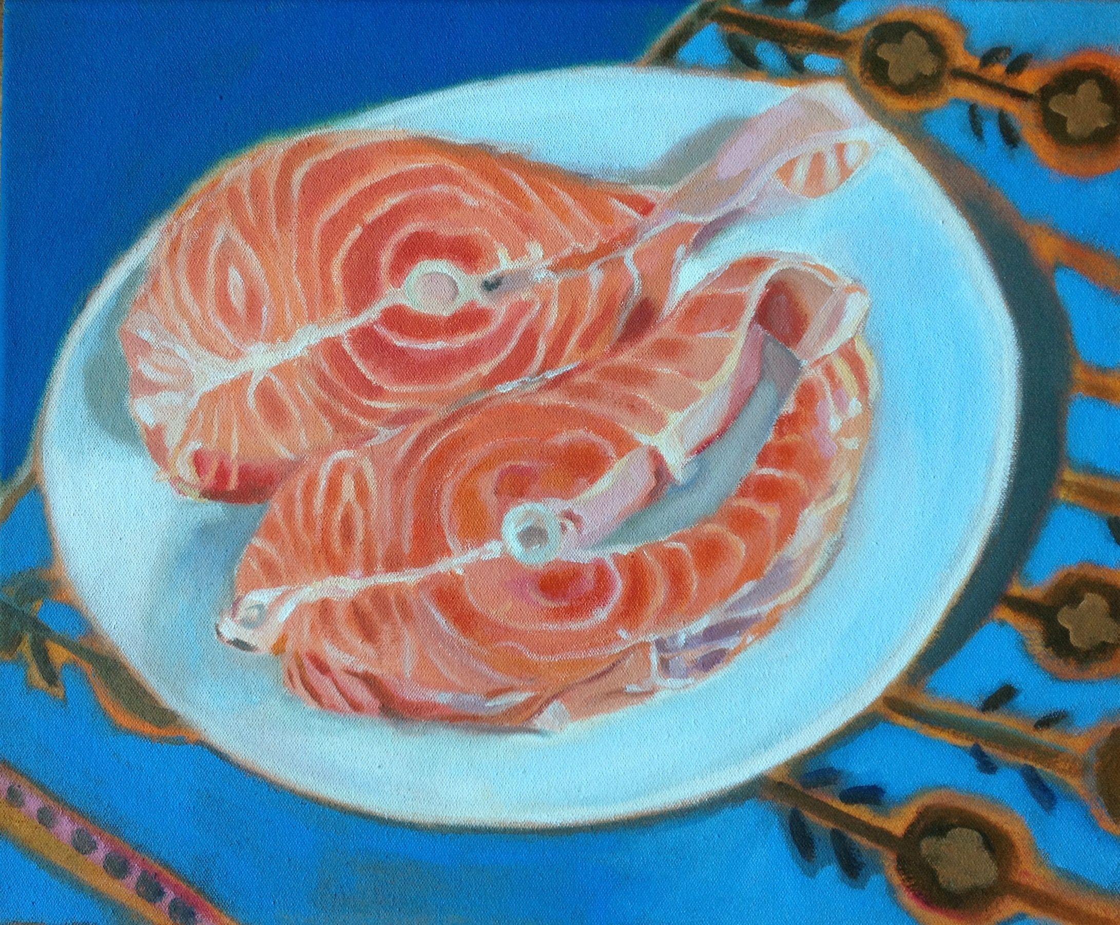 Acrylic on mounted canvas. Ready to hang.  Would be varnished before being sent.  She entered the kitchen where her husband was preparing lunch. As soon as she saw the two pieces of salmon on the plate she got her sketchbook and begin making an alla