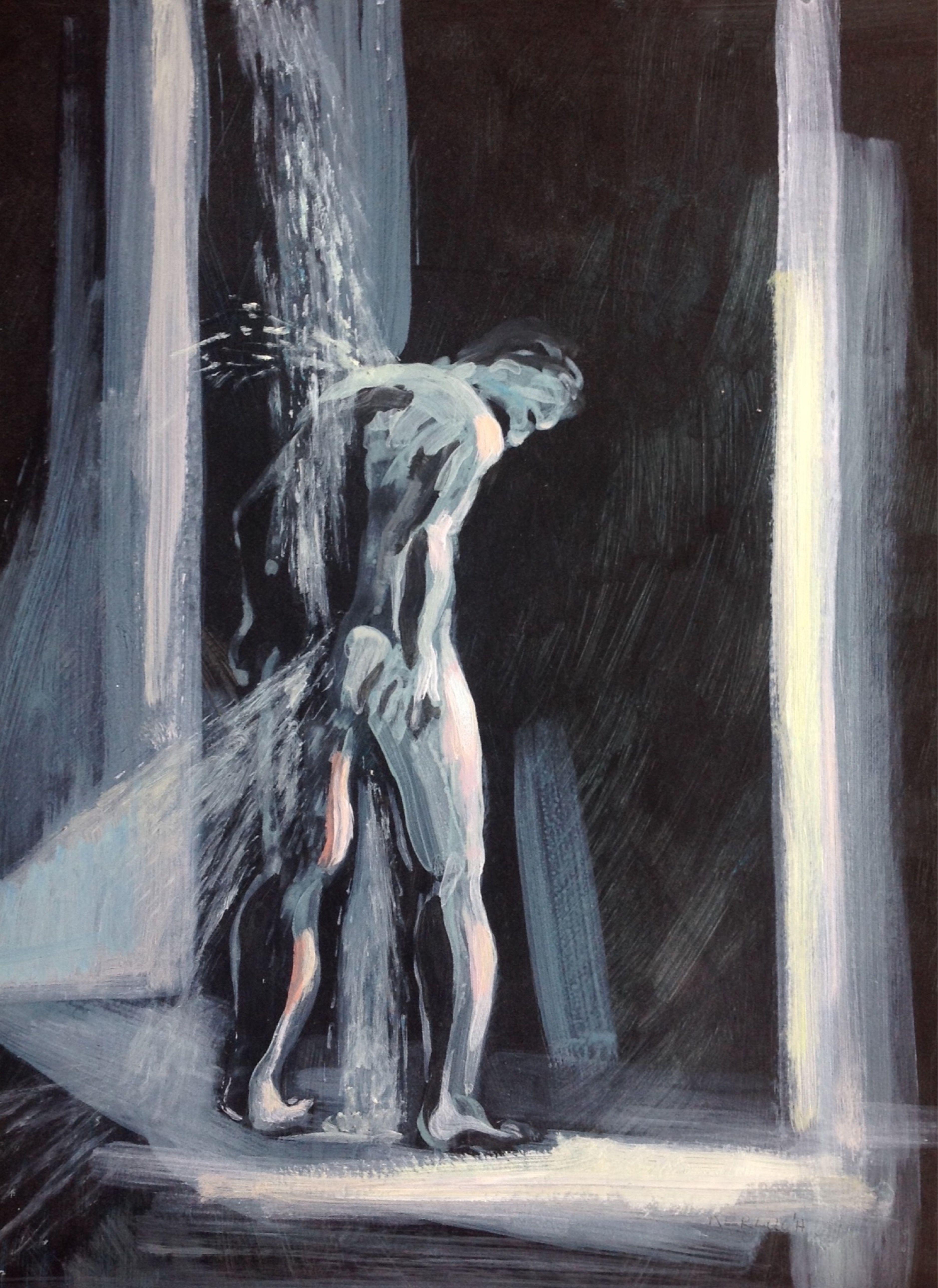 Acrylic work on archival quality paper depicting a man taking a shower at night.  A faint light coming from an adjacent room. Done with the alla prima technique.  The work would be varnished befoe being sent packed in a box. :: Painting ::