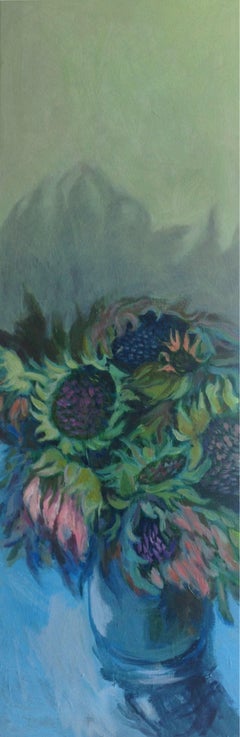 Sunflowers in blue vase, Painting, Acrylic on Canvas