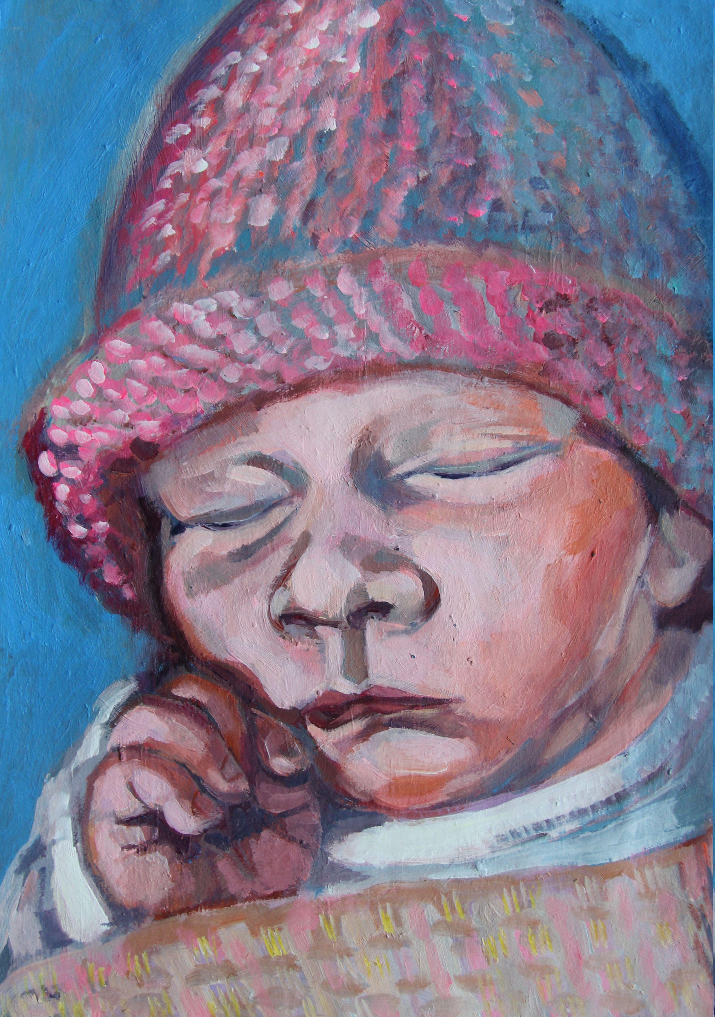 Acrylic work on archival quality paper. Depicting a baby sleeping. there is something  captivating in watching a baby sleep. Such a sweetness and innocence. :: Painting :: Expressionism :: This piece comes with an official certificate of
