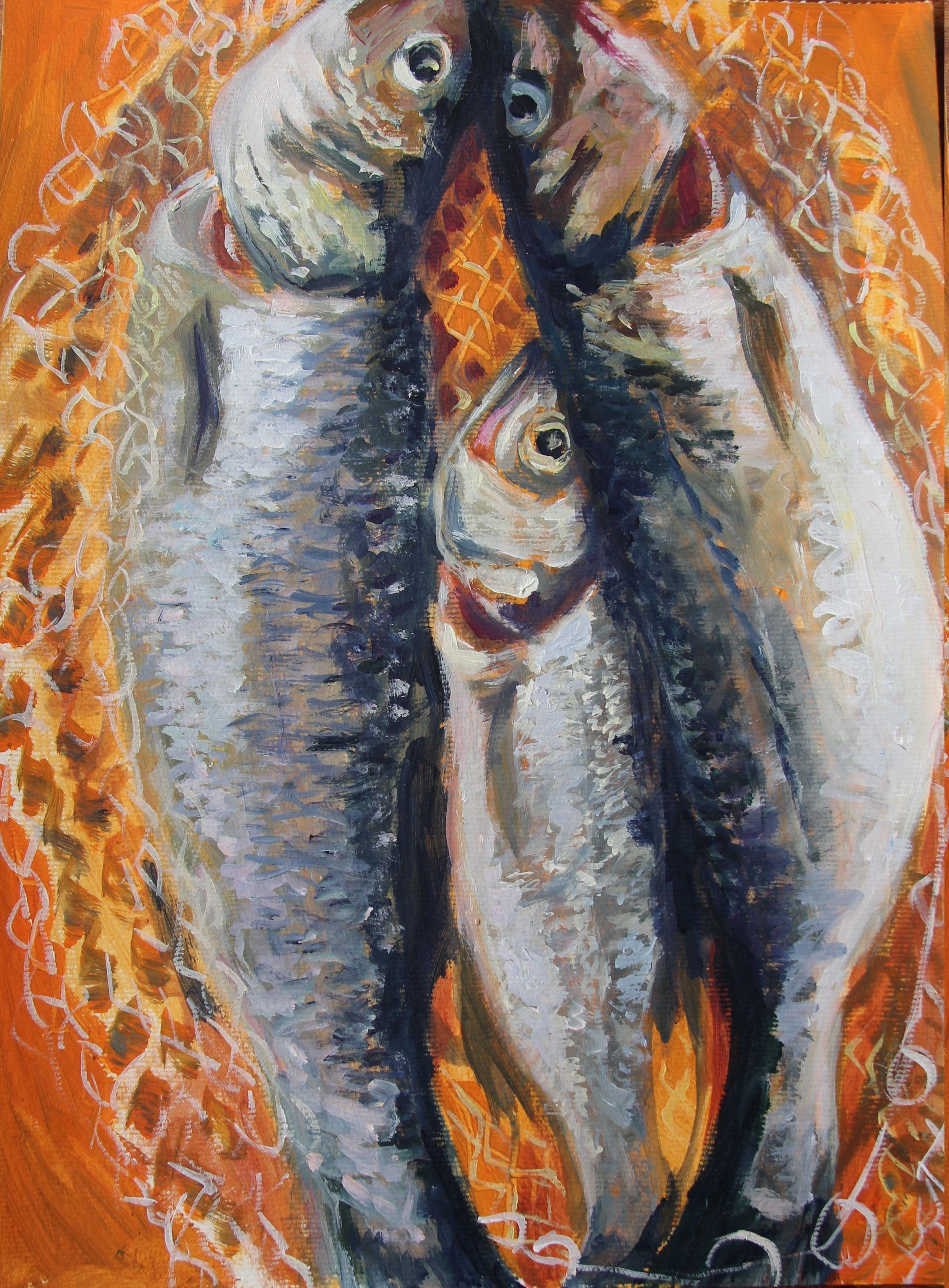 Acrylic on archival quality paper. Depicting three fish in a net. Attracted by the silvery quality of the fish. :: Painting :: Expressionism :: This piece comes with an official certificate of authenticity signed by the artist :: Ready to Hang: No