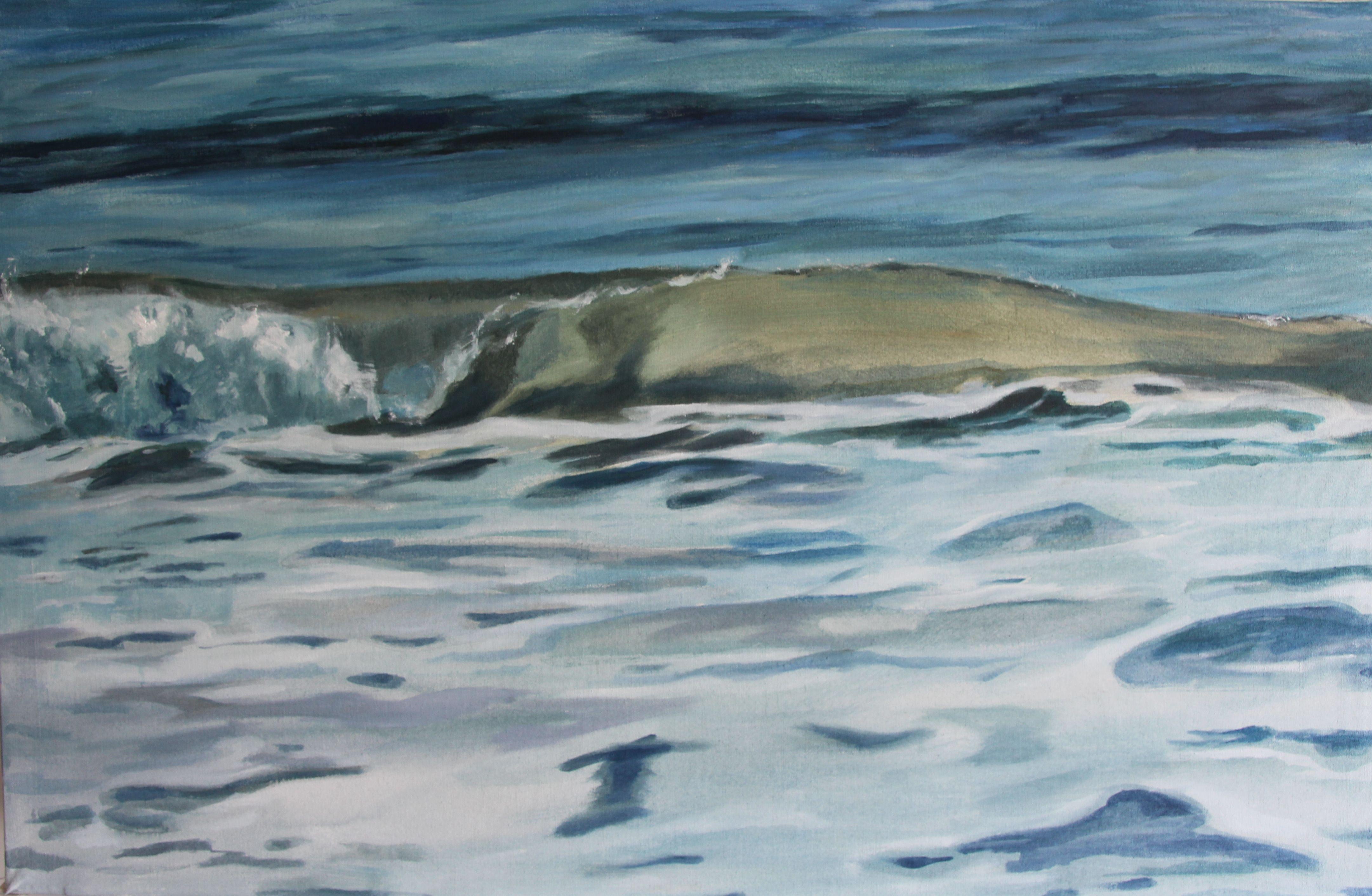 Painting of a wave breaking near the shore. Acrylic paint on canvas. The work is sent unmounted and rolled in a tube.  She goes to the beach whenever possible and always brings her camera or watercolurs to catch the waves breaking. It is a soothing
