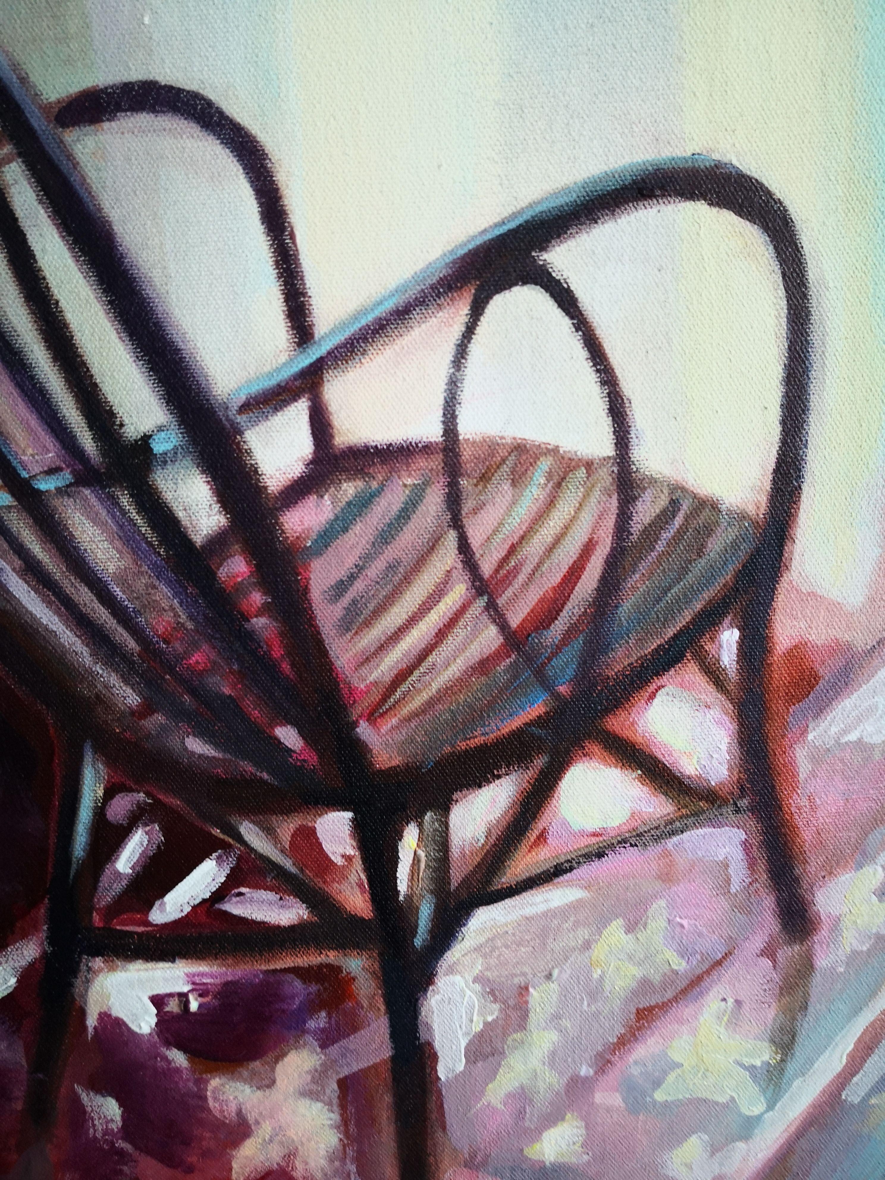 Acrilico su tela non montata.  Rappresenta una natura morta e un paesaggio marino.  Due sedie rivolte verso una finestra. La luce di Solft filtra dalle tende.  Una brezza leggera che invade l'interno. :: Pittura :: Espressionismo :: Questo pezzo