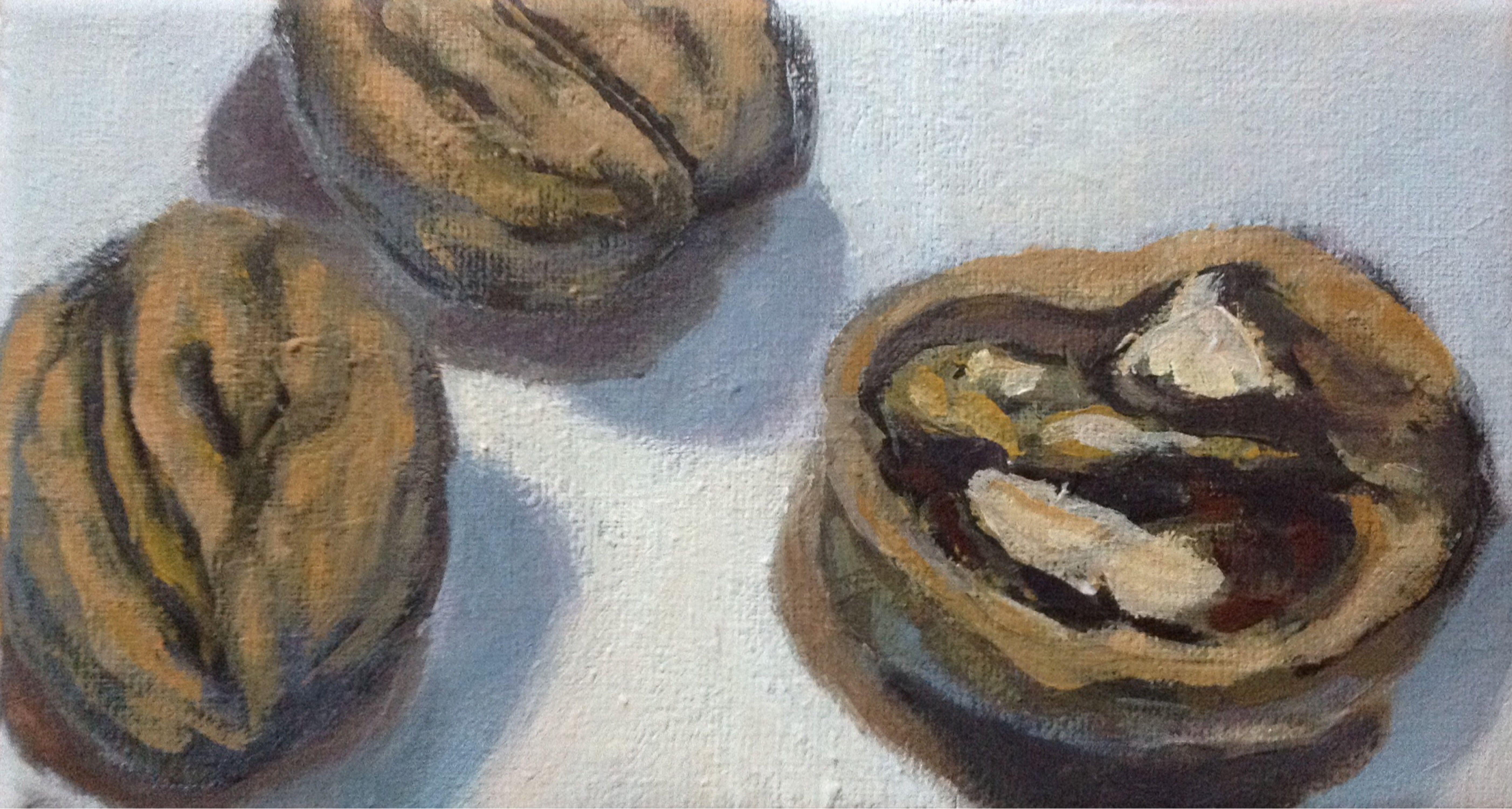 Acrylic on canvas. Very small format. I enjoy  making compositions for my paintings  of things I find around the house. In this case while cracking nuts I decided to use it as my subject. :: Painting :: Contemporary :: This piece comes with an