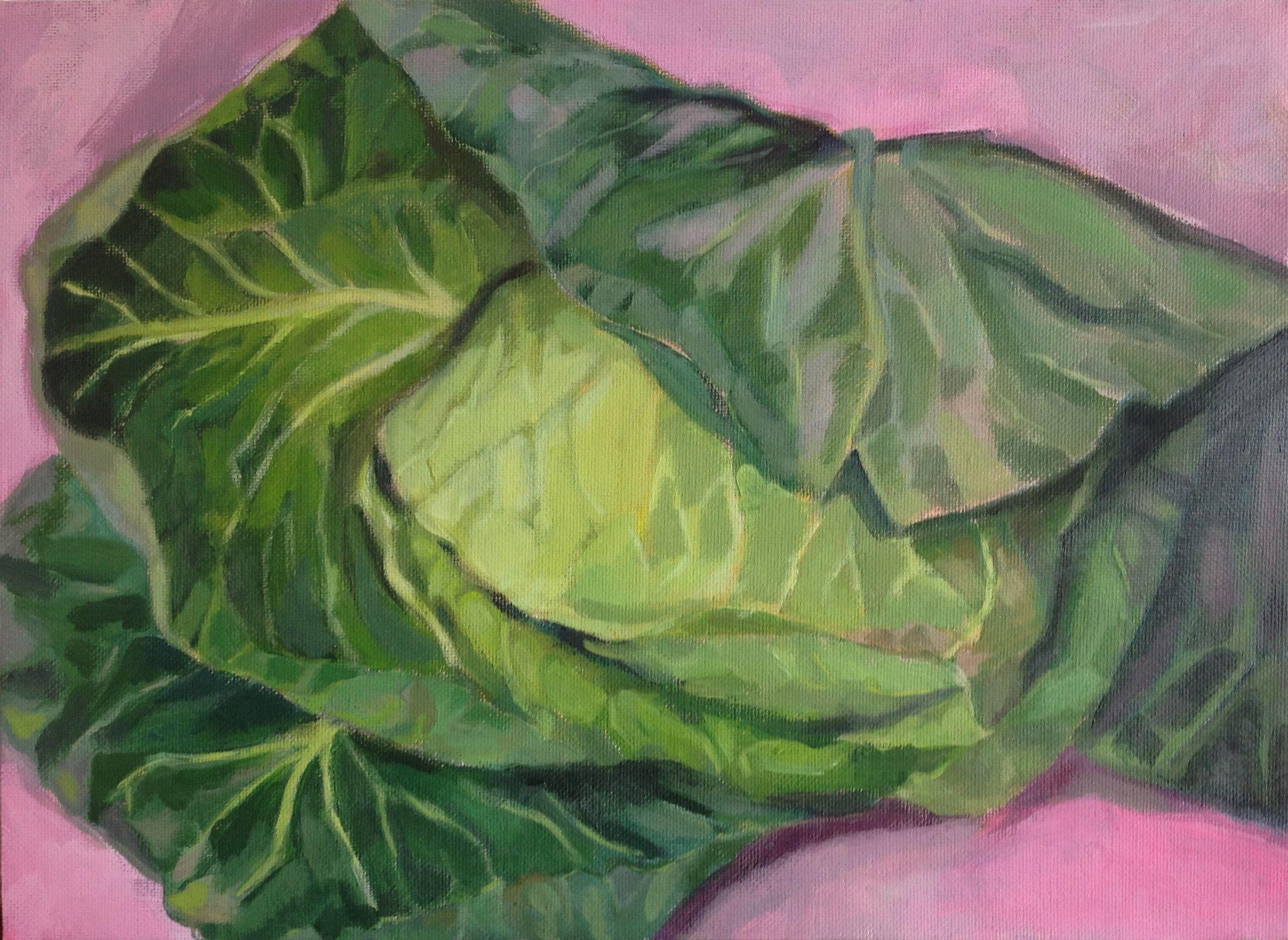 Acrylic on canvas. Every winter I end up making a painting of cabbages.  I love the different greens and the veiny leaves. :: Painting :: Contemporary :: This piece comes with an official certificate of authenticity signed by the artist :: Ready to
