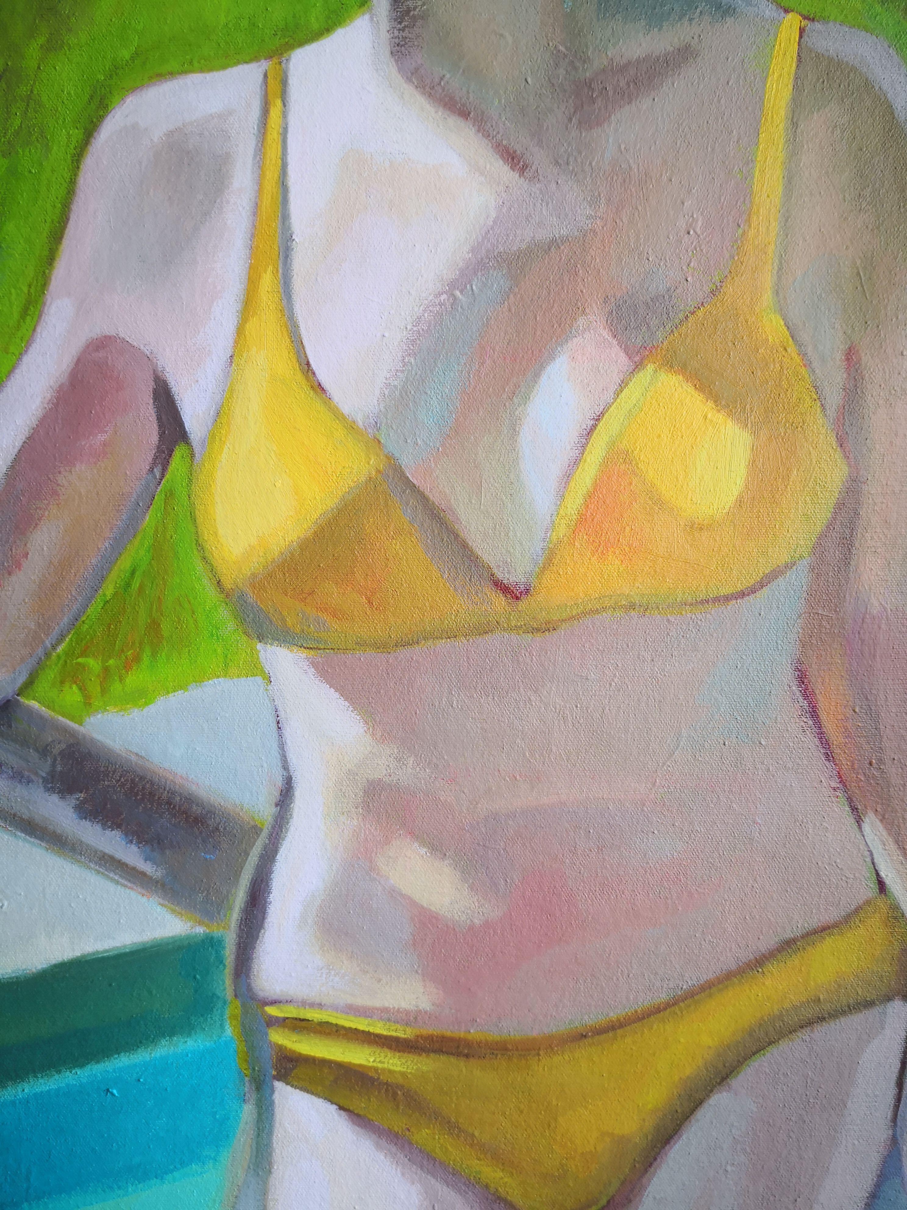 Obra acrílica sobre lienzo. Sin montar. Se barnizaría antes de enviarla enrollada en un tubo.  Una joven posando en la piscina.  Está a punto de entrar en la vida adulta.  ¿Será este verano uno para recordar? :: Pintura :: Moderna :: Esta obra viene