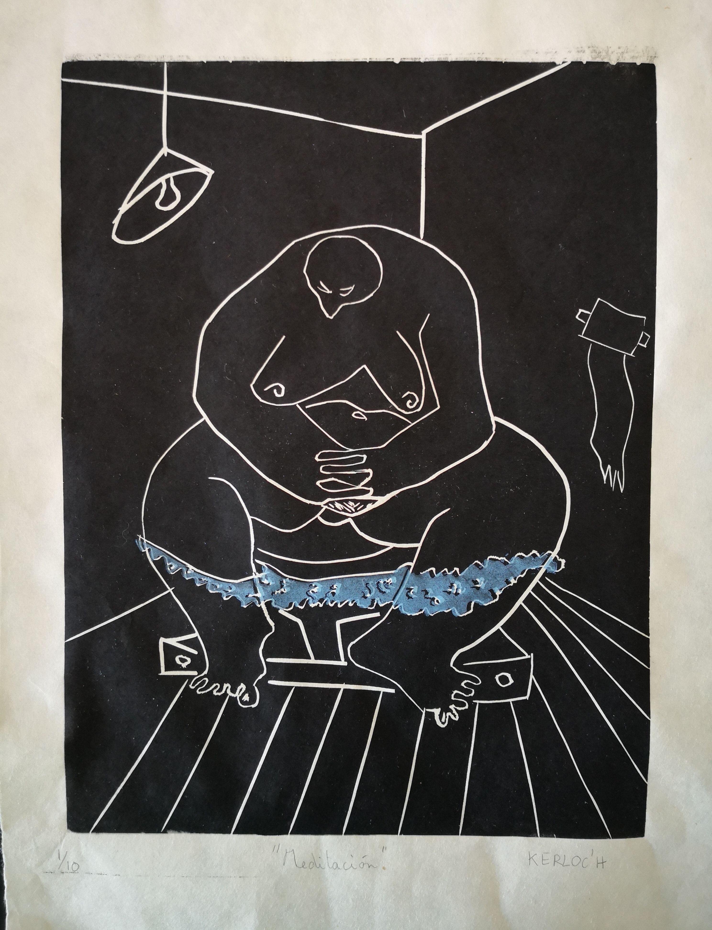 Meditation, handbedrucktes Werk, Linolschnitt