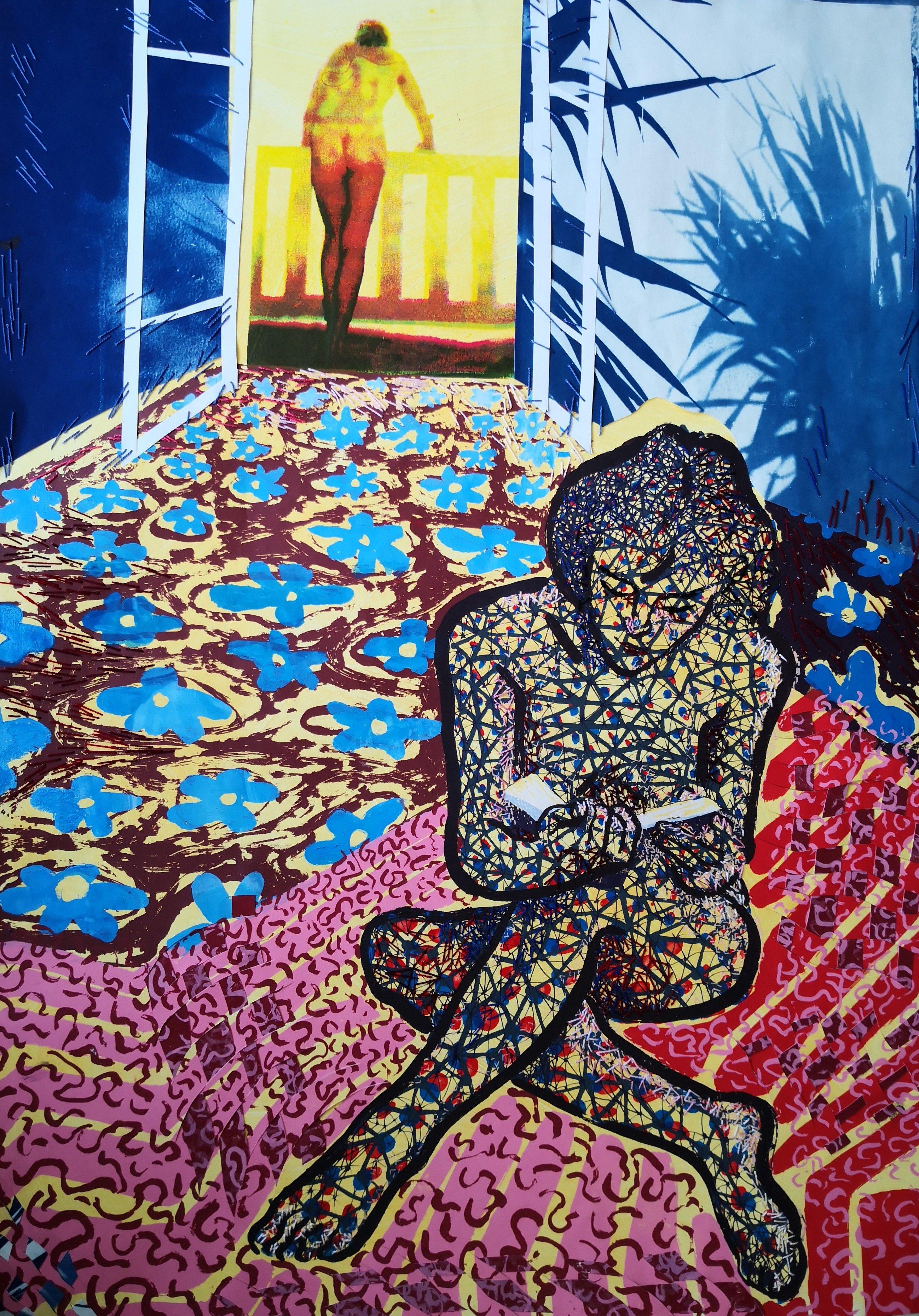 Mixed media variable edition print.  Silkscreen, embroidery, cyanotype, collage and paper weaving.    A study on textures inspired by the painter Edouard Vuillard.  A young couple resting on a hot summer afternoon, the young man looking out from the