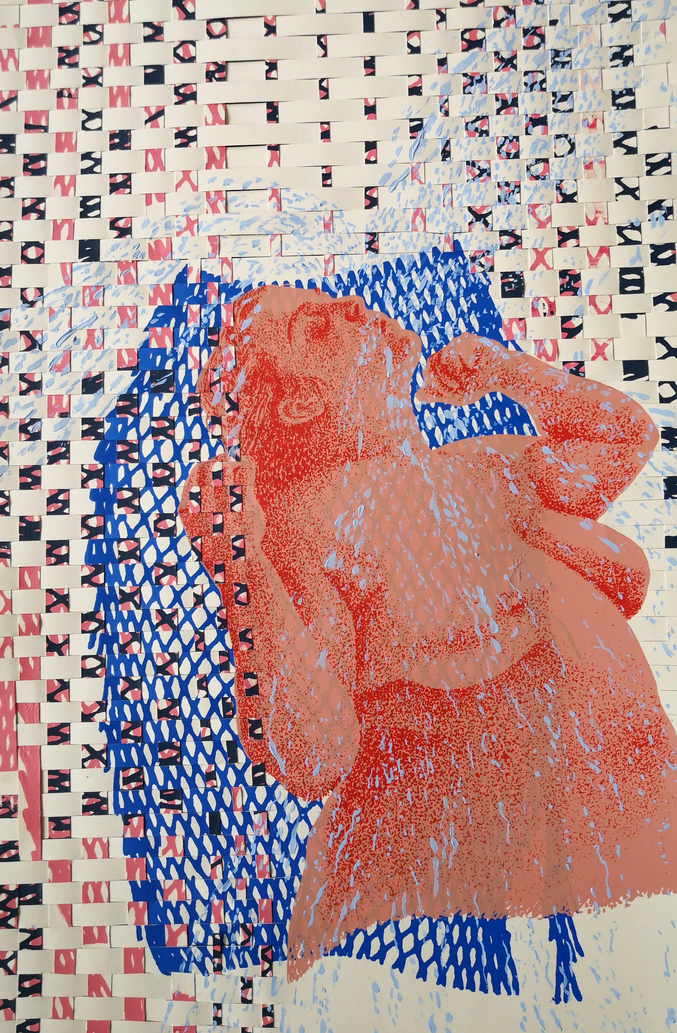 Mixed media.  Silkscreen, paper weaving and hand painted.  Depicts a woman under the shower . Belongs to a series of everyday life scenes.  This particular print is an A/P (artist proof). Only one of its kind. :: Hand Printed Work :: Expressionism