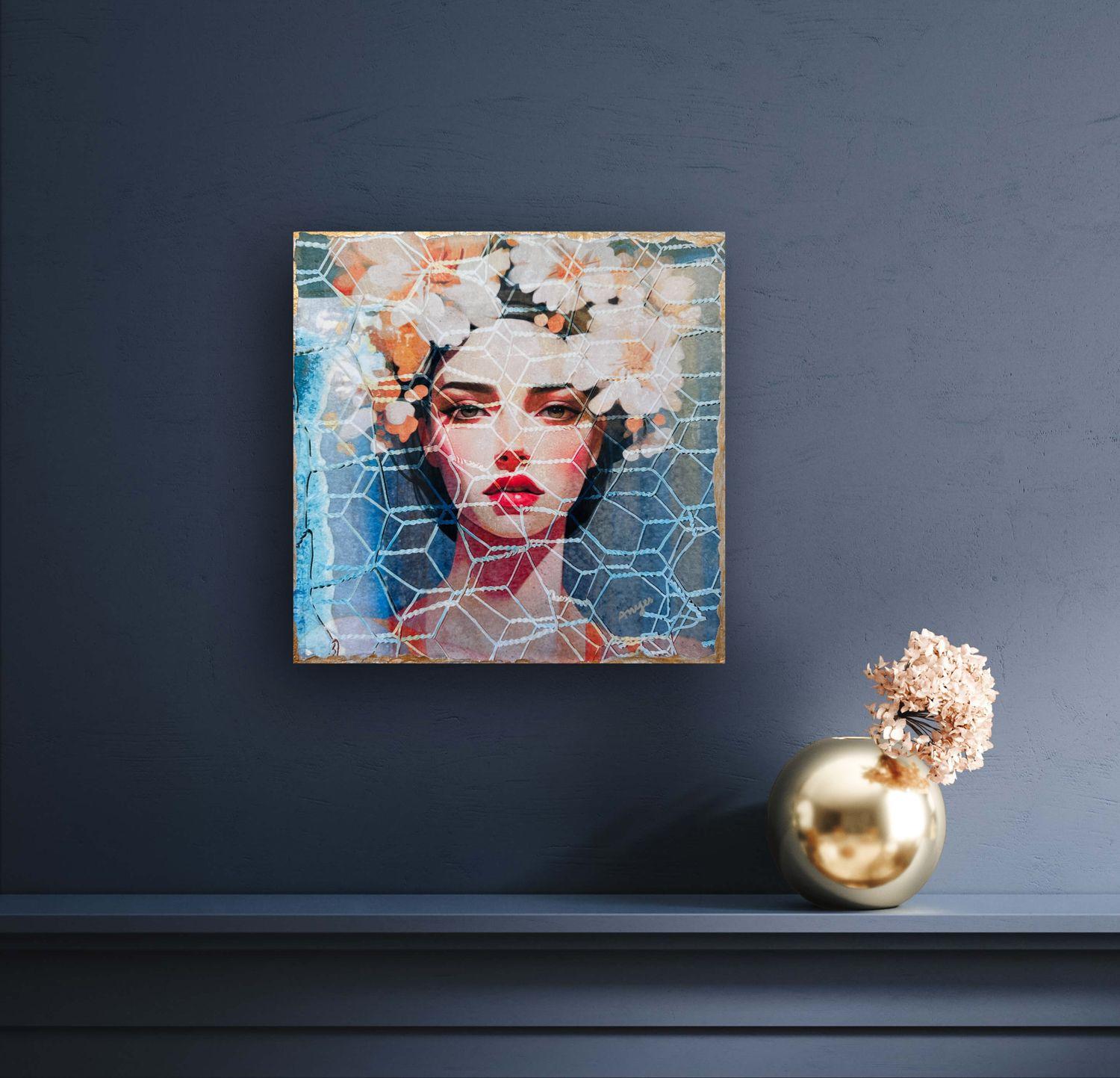 Flowery Trap, Mixed Media on Wood Panel - Contemporary Mixed Media Art by Anyes Galleani