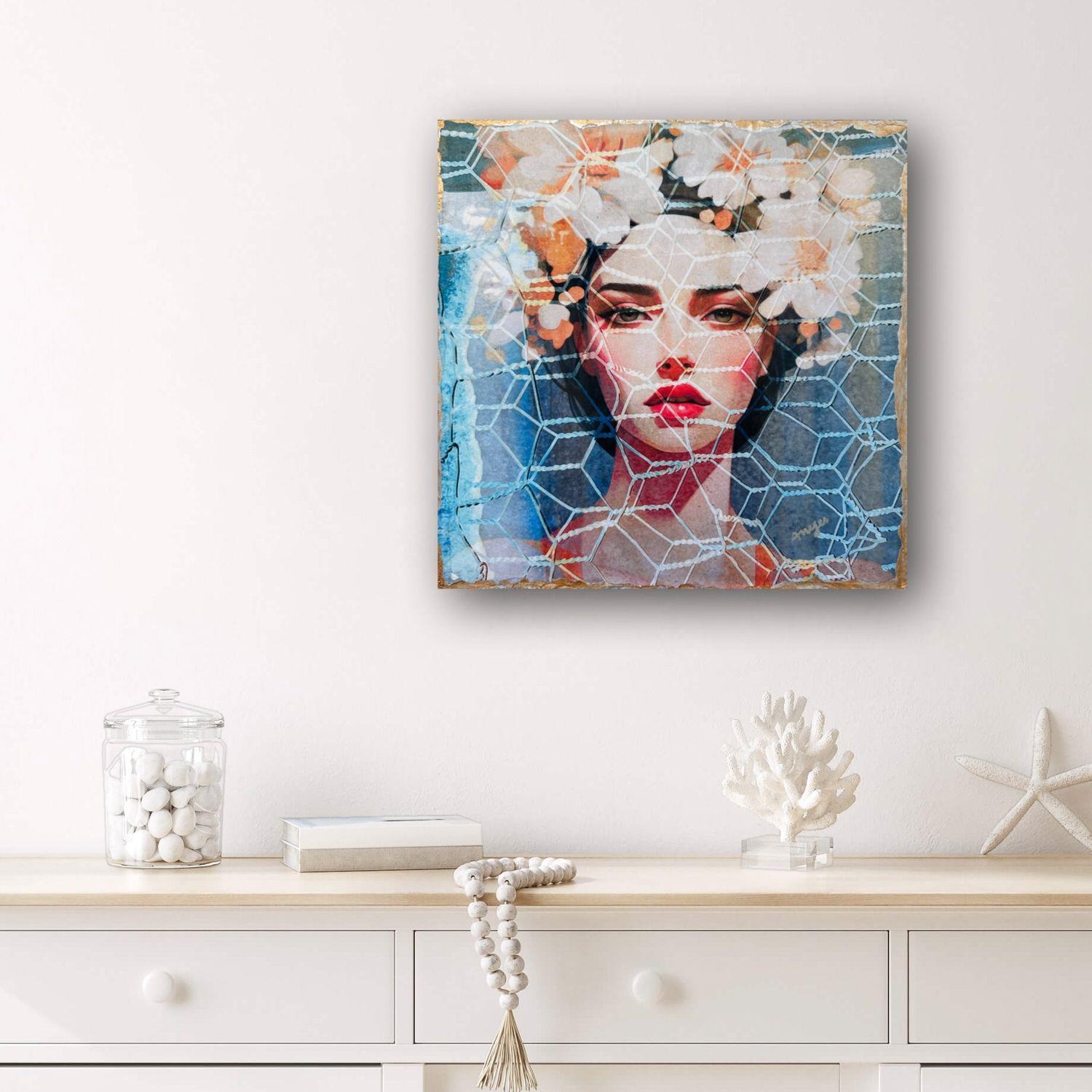 Romantic, emblematic, original.    Mixed media artwork created through photography, digital photo montage and paper collage. Inspired by nature, female beauty and women's perseverance. I specifically chose to make the work in a small size to keep it