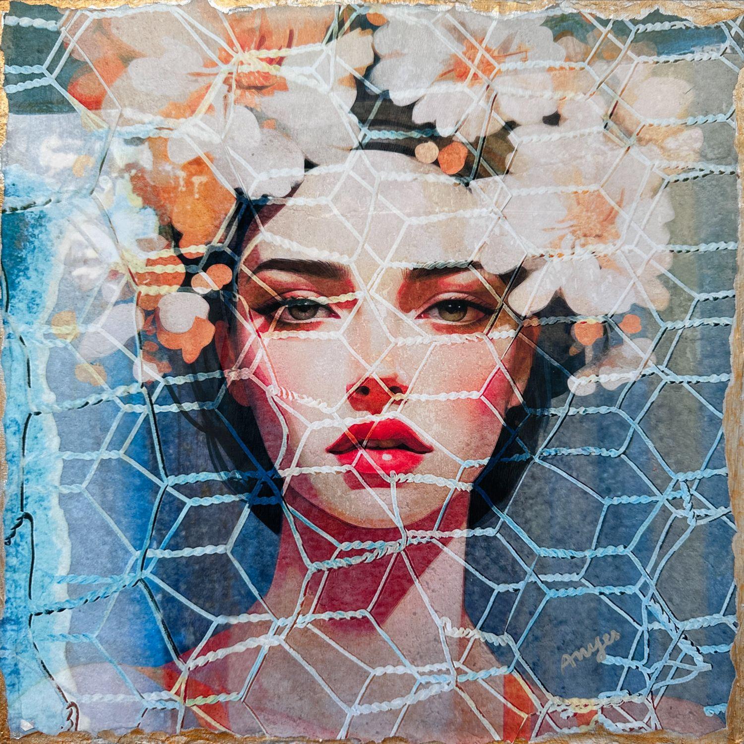 Flowery Trap, Mixed Media on Wood Panel