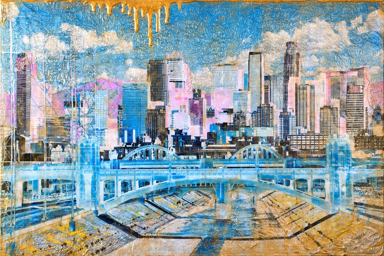 Los Angeles in Baby Colors & Gold, Mixed Media on Wood Panel - Mixed Media Art by Anyes Galleani
