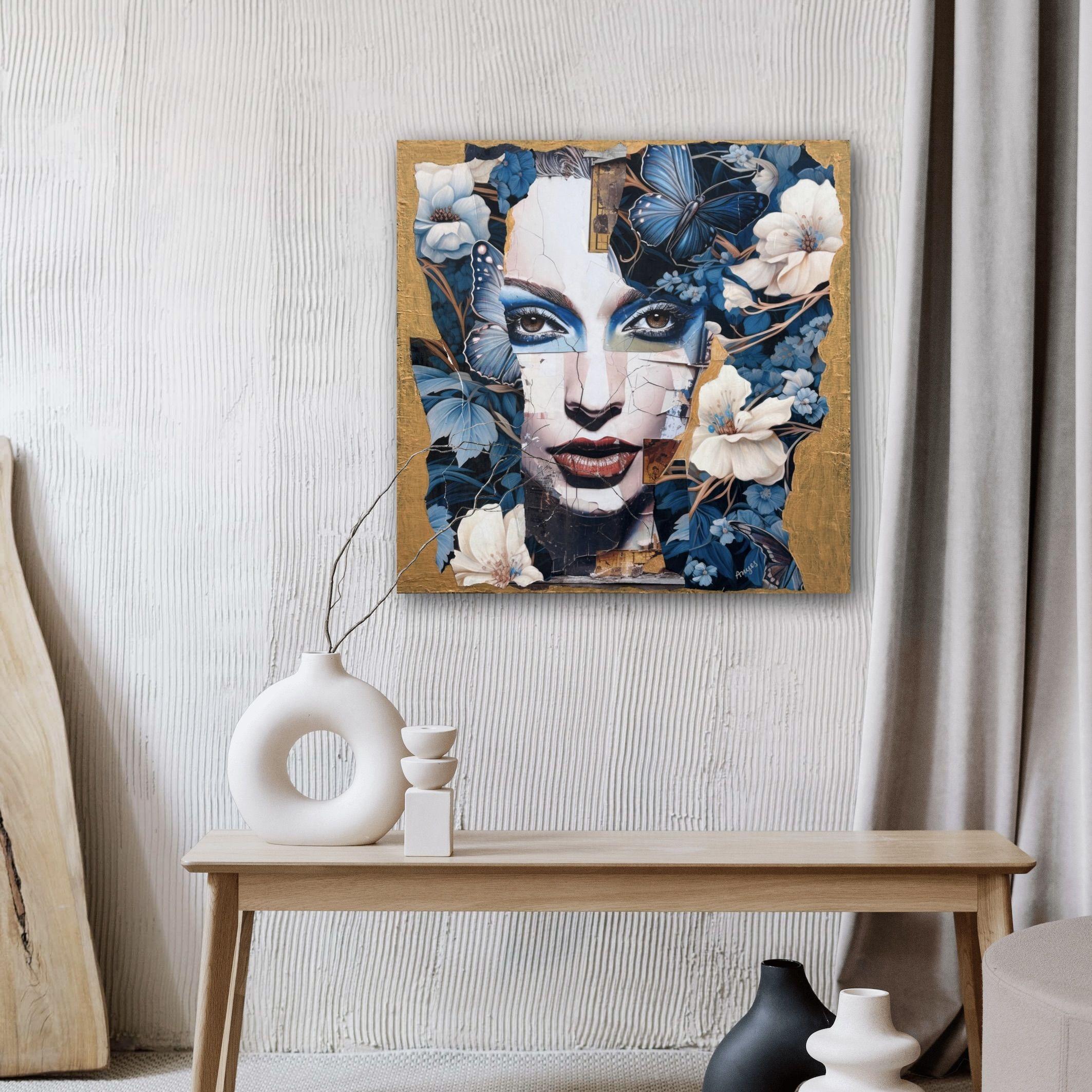 This work was created by collaging prints of different digital images with metallic gold paint. I have been using this technique for many years because I enjoy creating images but then deconstructing the prints to modify them or collage them with