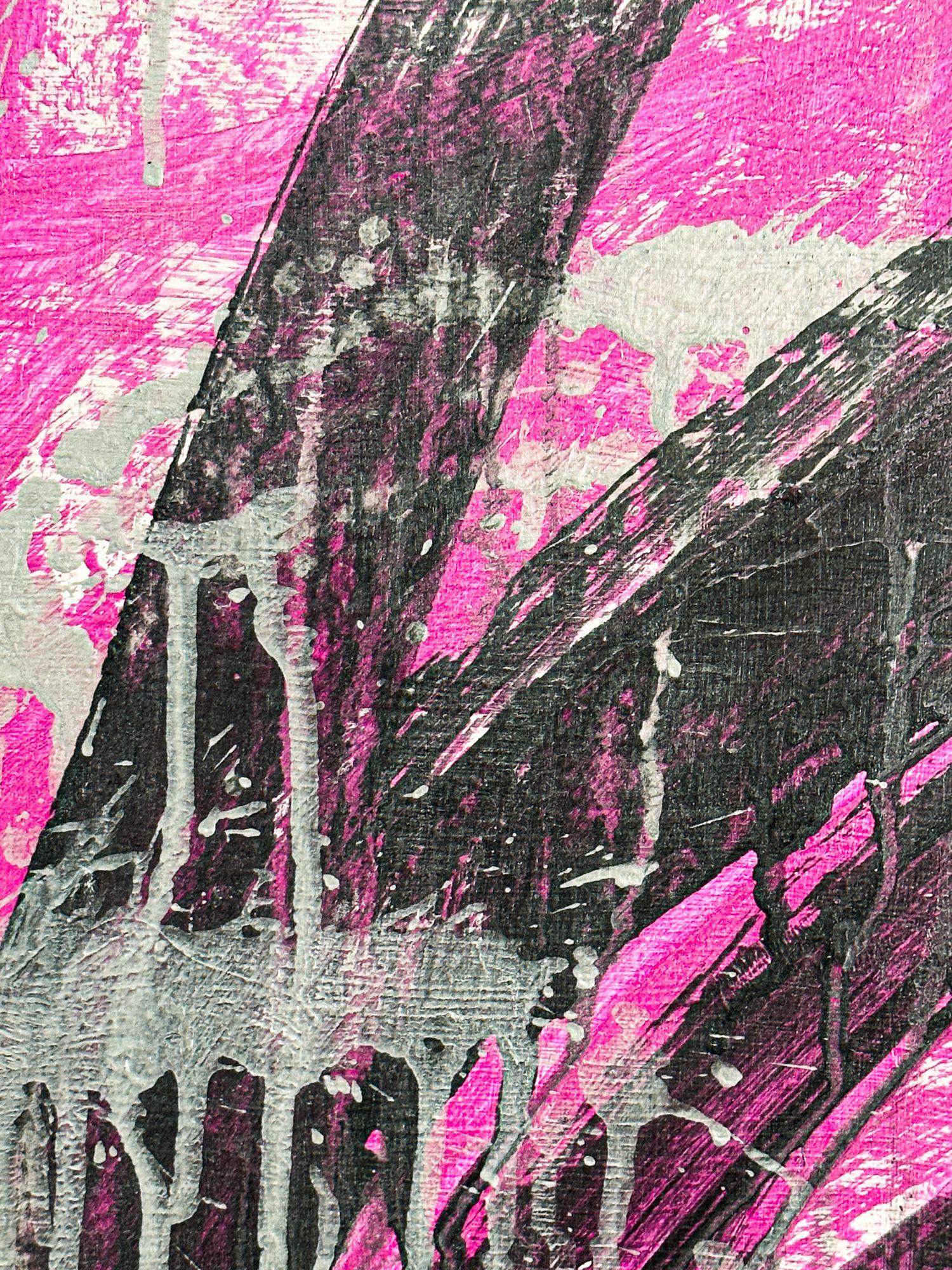 This work was inspired by the force of nature, something we can fear or admire.    The art was created by painting on Yupo paper texturized with gesso, using bright pink, silver and black paint. The painting is sealed and can be mounted and framed