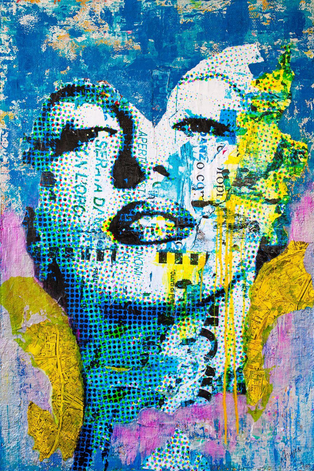 Mixed media painting made by collaging prints of an image of marilyn monroe i created by combining a found photo with graphic elements. The painting background used to be an abstract painting I was no longer happy with. In addition to the prints of