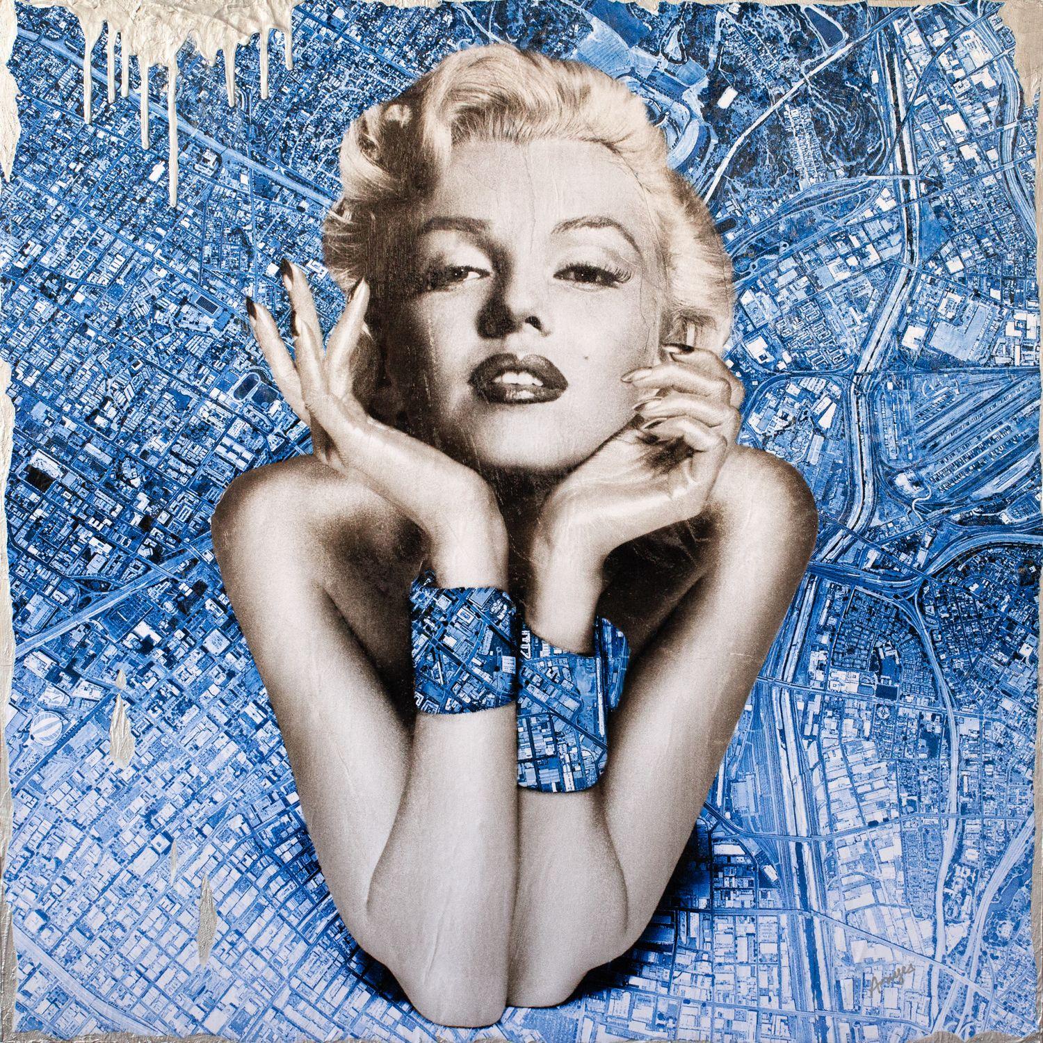 Mixed media art on texturized wood. Created by collaging various prints of an iconic image I created digitally by combining a found photo of Marilyn Monroe with satellite pictures of the  Los Angeles downtown area. The prints are torn and distressed