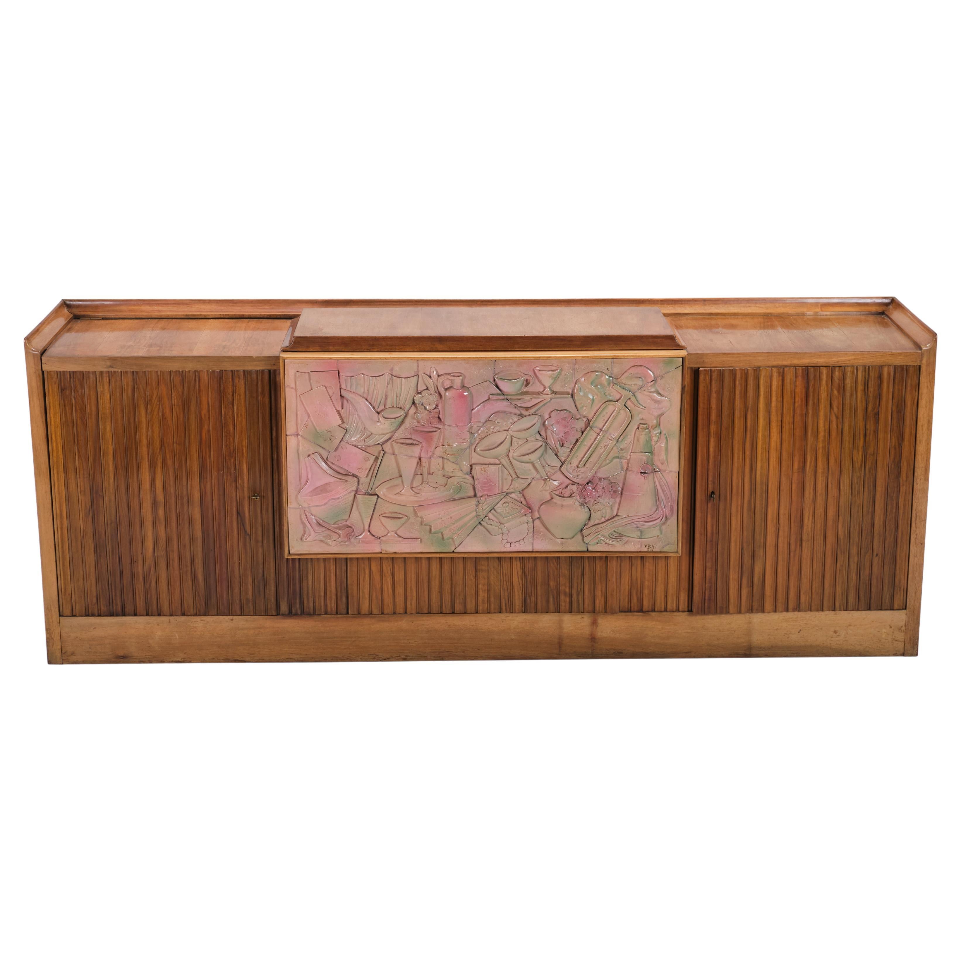 Giuseppe Anzani Midcentury bar cabinet with stunning glazed ceramic panel - 1950 For Sale