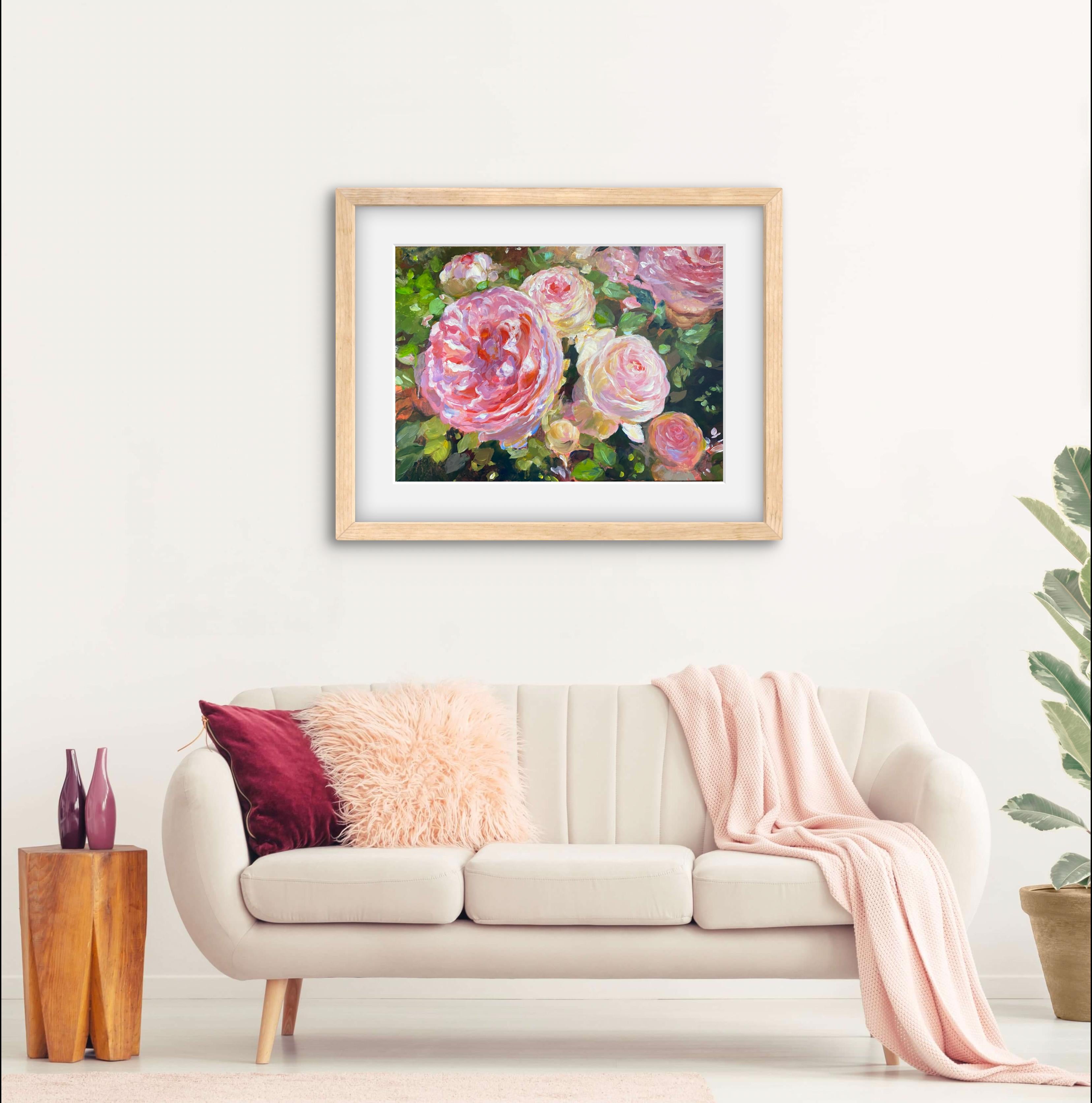 This painting captures the vibrant summer flowers blossoming in a garden at the heart of Tuscany, Italy. Every detail, from the delicate shades of pink and red petals to the lush green leaves, conveys the beauty and charm of nature. This piece