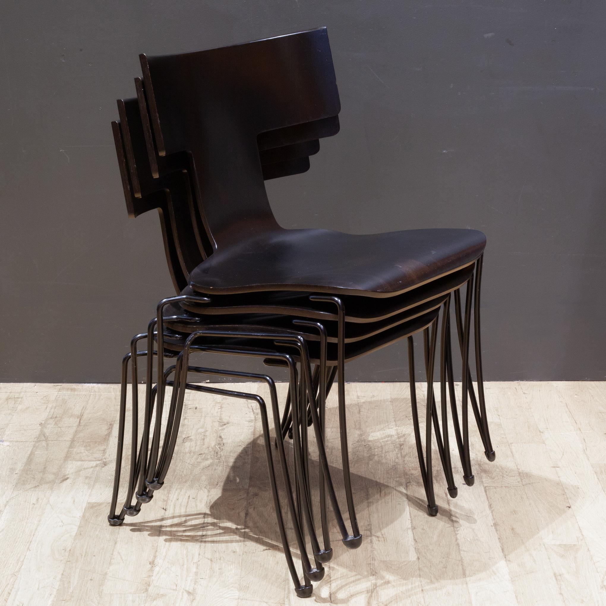 ABOUT

A set of four Donghia Anziano bentwood chairs designed by John Hutton. Dark brown espresso base with black hair pin metal legs. The chairs are stackable.

    CREATOR John Hutton for Donghia. 
    DATE OF MANUFACTURE c.1990s.
    MATERIALS &