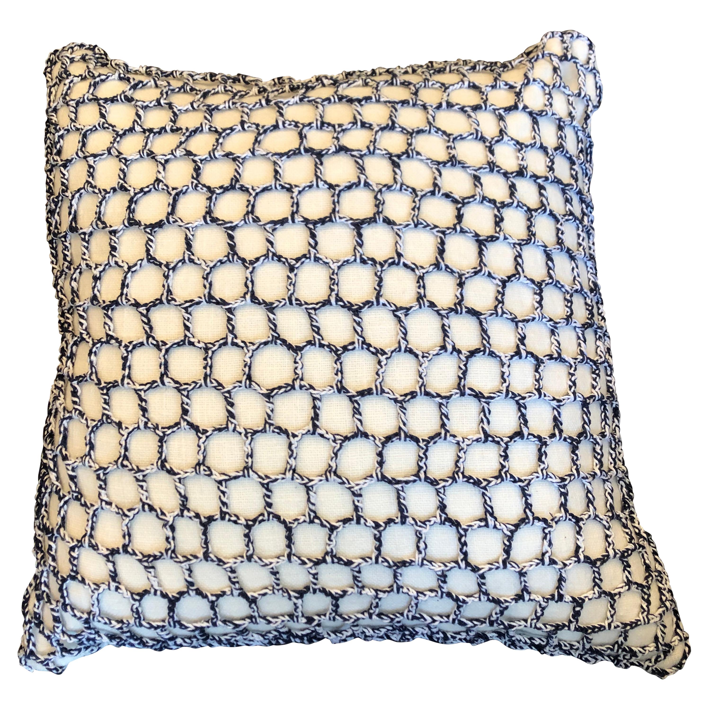  "Anzio" White & Navy Blue Wool Pillow by Le Lampade For Sale