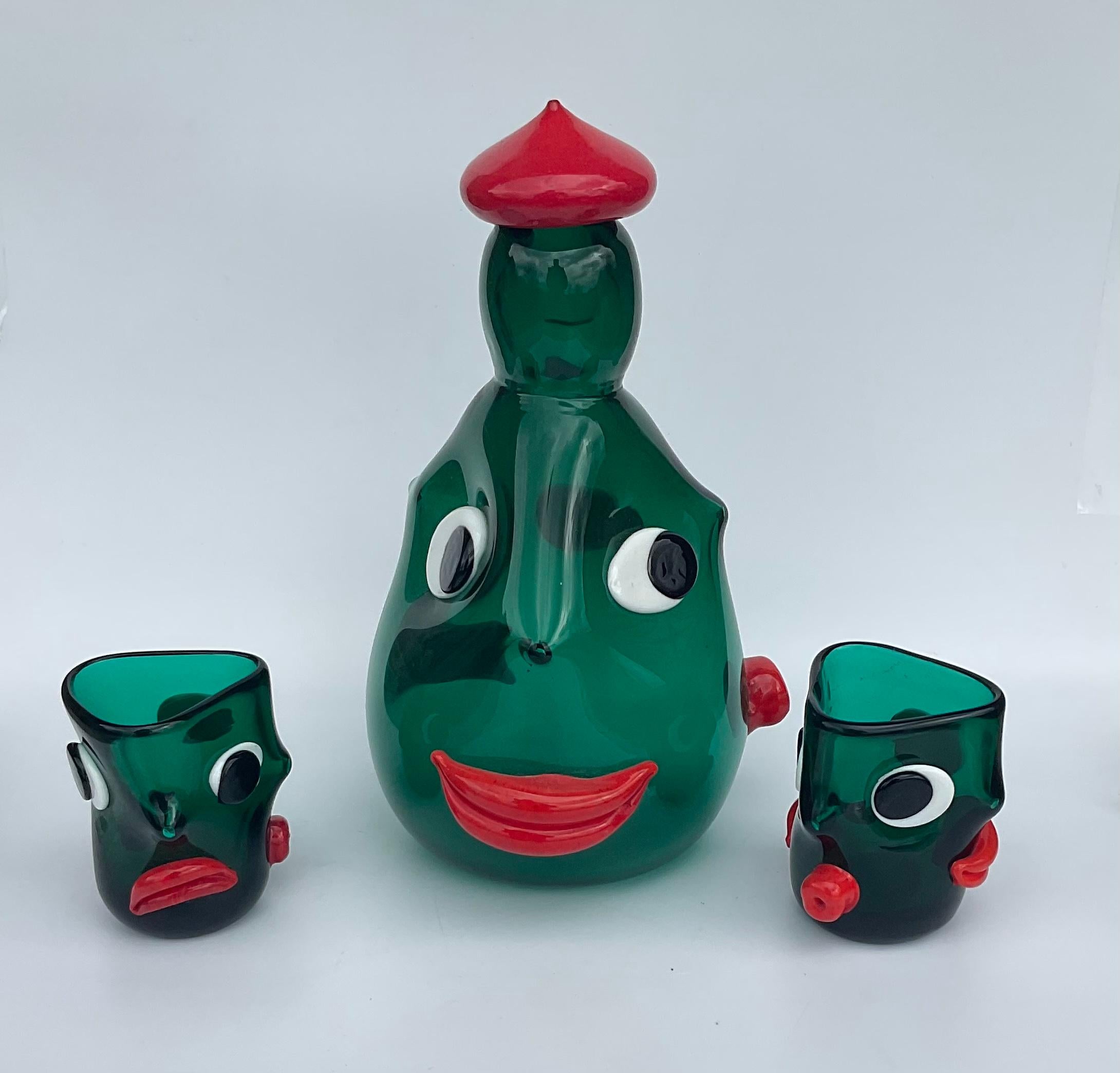 Mid-20th Century Anzolo Fuga Attributed Murano Glass Triple Faced Decanter and 2 Matching Glasses