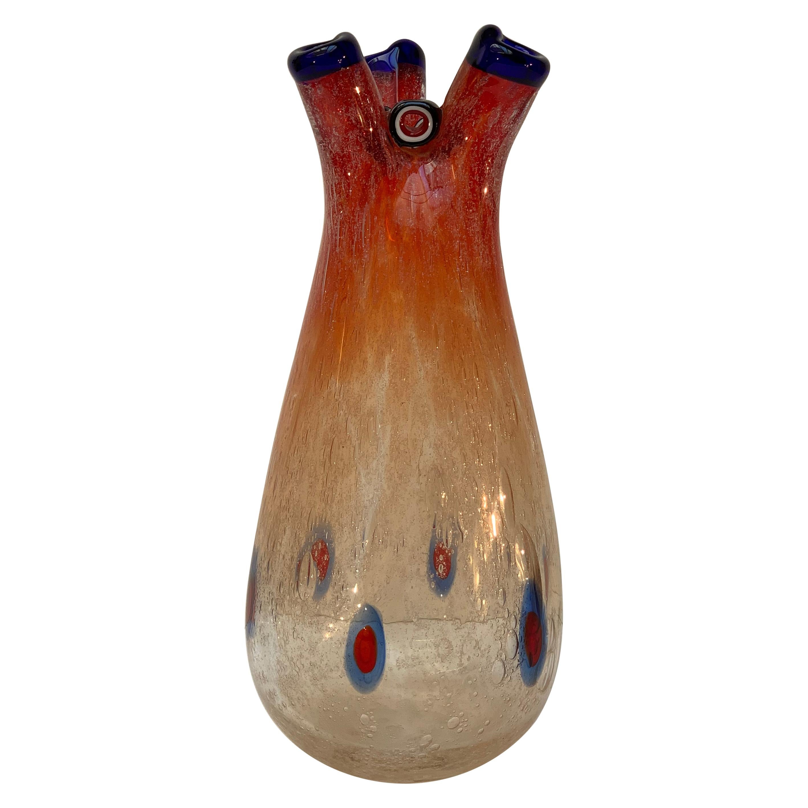 Anzolo Fuga for A.V.E.M Midcentury Blown Murano Glass 3 Mouths "A Cerchi" Vase