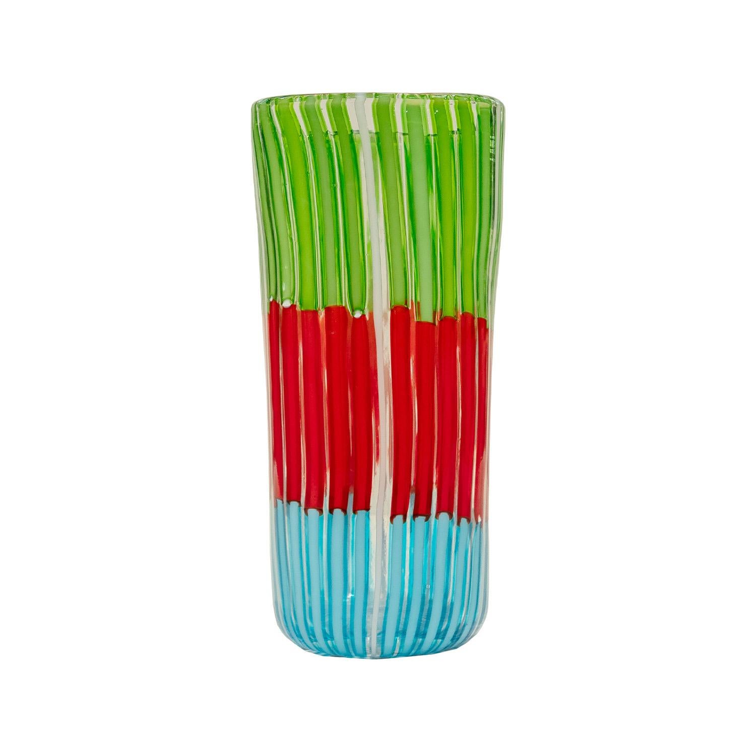 Hand-blown glass vase from the Bandiere Series with multicolor vertical rods by Anzolo Fuga for AVEM (Arte Vetraria Muranese), Murano Italy, 1955-6.  The clear and white rods interspersed among the colored rods creates a very striking design. 