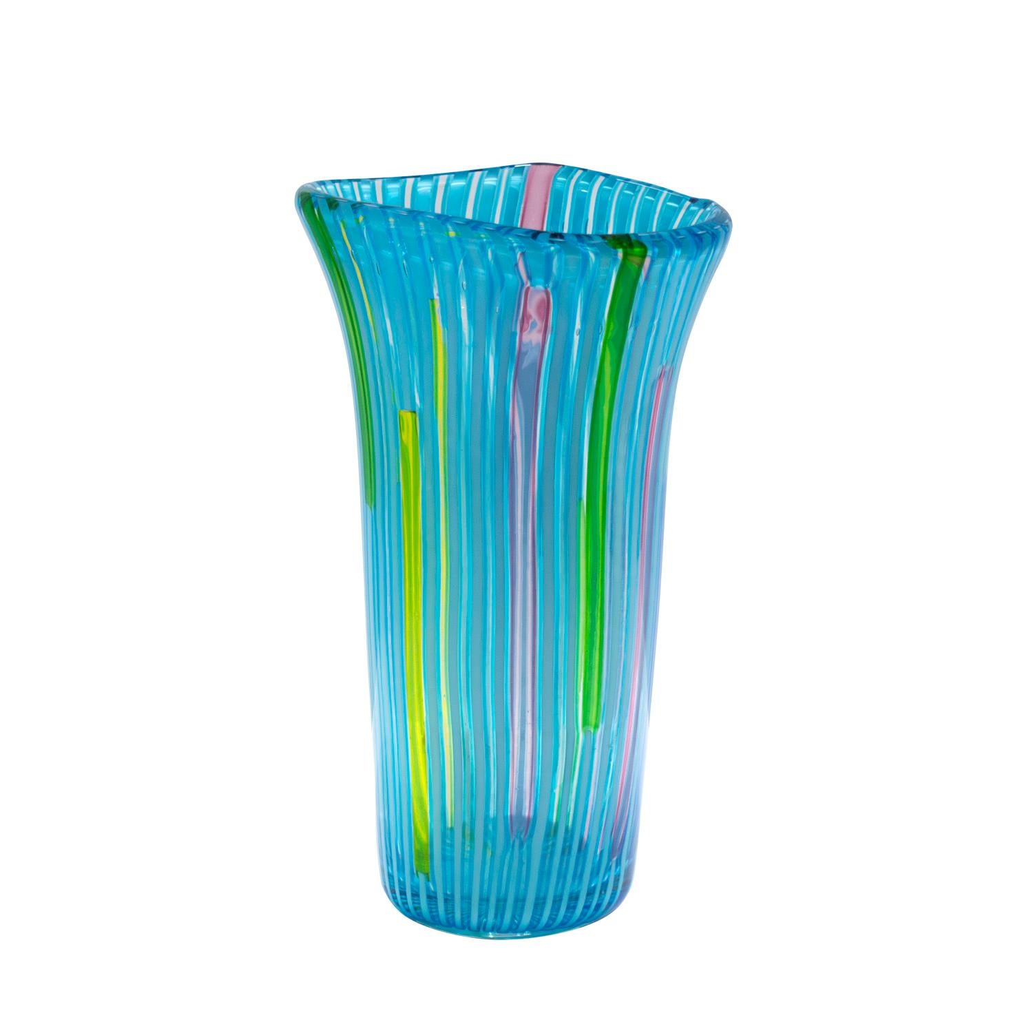 Large hand-blown glass vase with blue, purple, green, yellow and clear vertical rods by Anzolo Fuga for Arte Vetraria Muranese (A.V.E.M.), Murano Italy, 1955-56. This piece is beautifully executed and the colors are magnificent.

Reference:
Anzolo