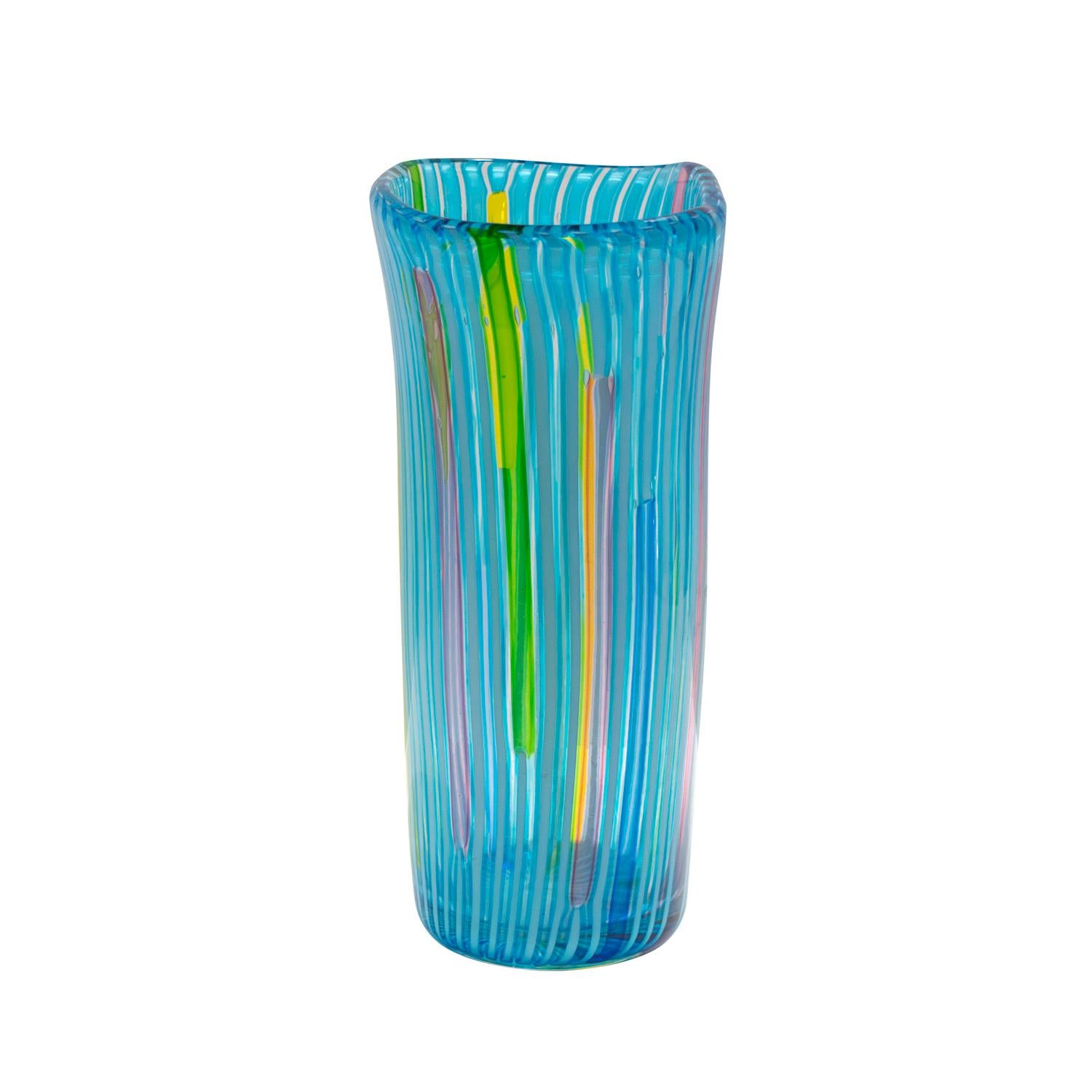 Mid-Century Modern Anzolo Fuga Hand-Blown Glass Vase with Blue Vertical Rods 1955-56 For Sale
