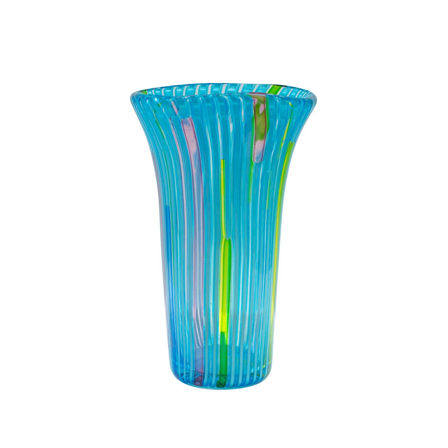 Italian Anzolo Fuga Hand-Blown Glass Vase with Blue Vertical Rods 1955-56 For Sale