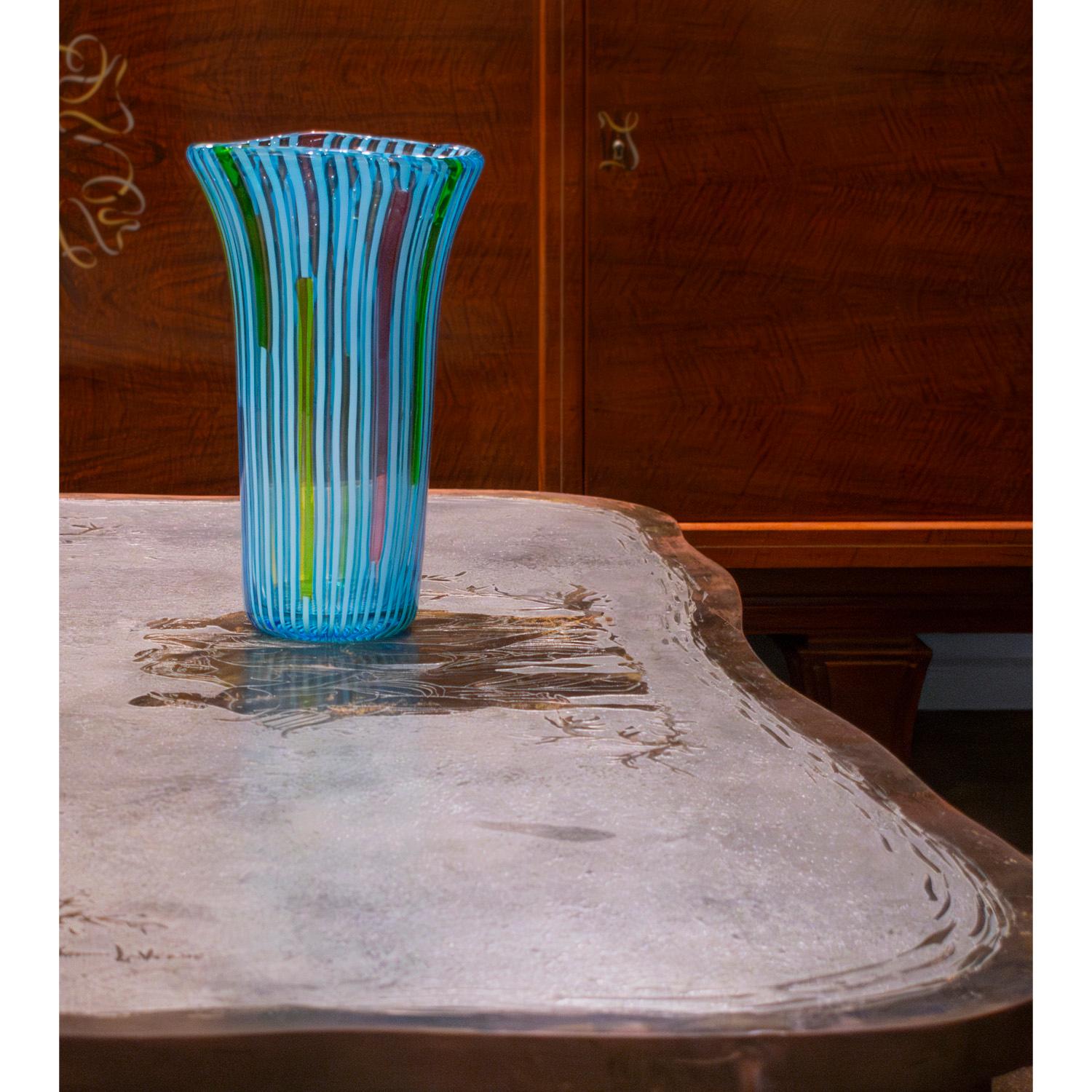Murano Glass Anzolo Fuga Hand-Blown Glass Vase with Blue Vertical Rods 1955-56 For Sale