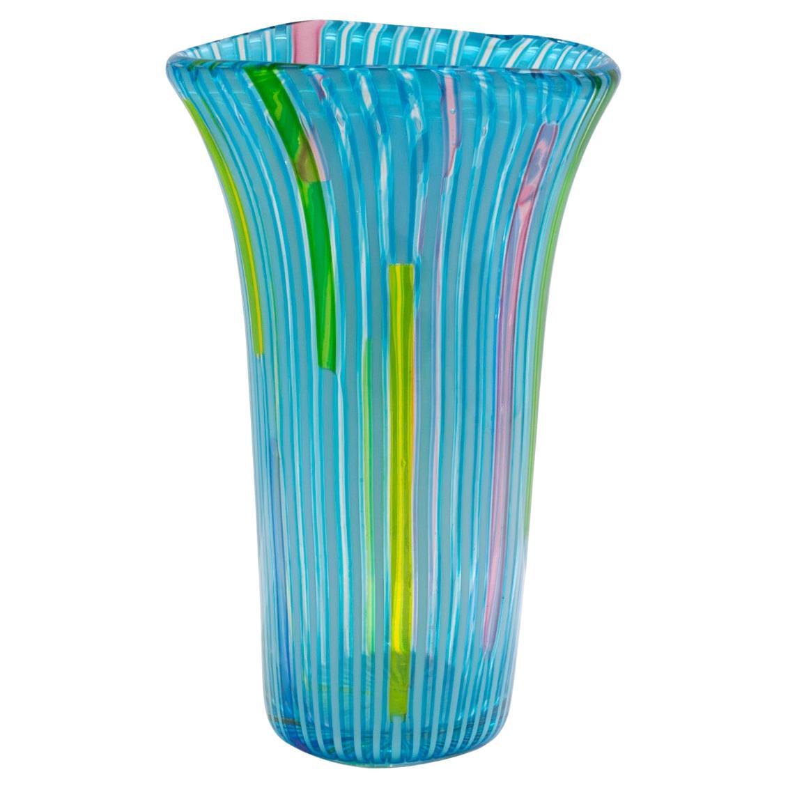Anzolo Fuga Hand-Blown Glass Vase with Blue Vertical Rods 1955-56