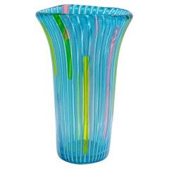 Anzolo Fuga Vase aus mundgeblasenem Glas mit blauen vertikalen Stäben 1955-56