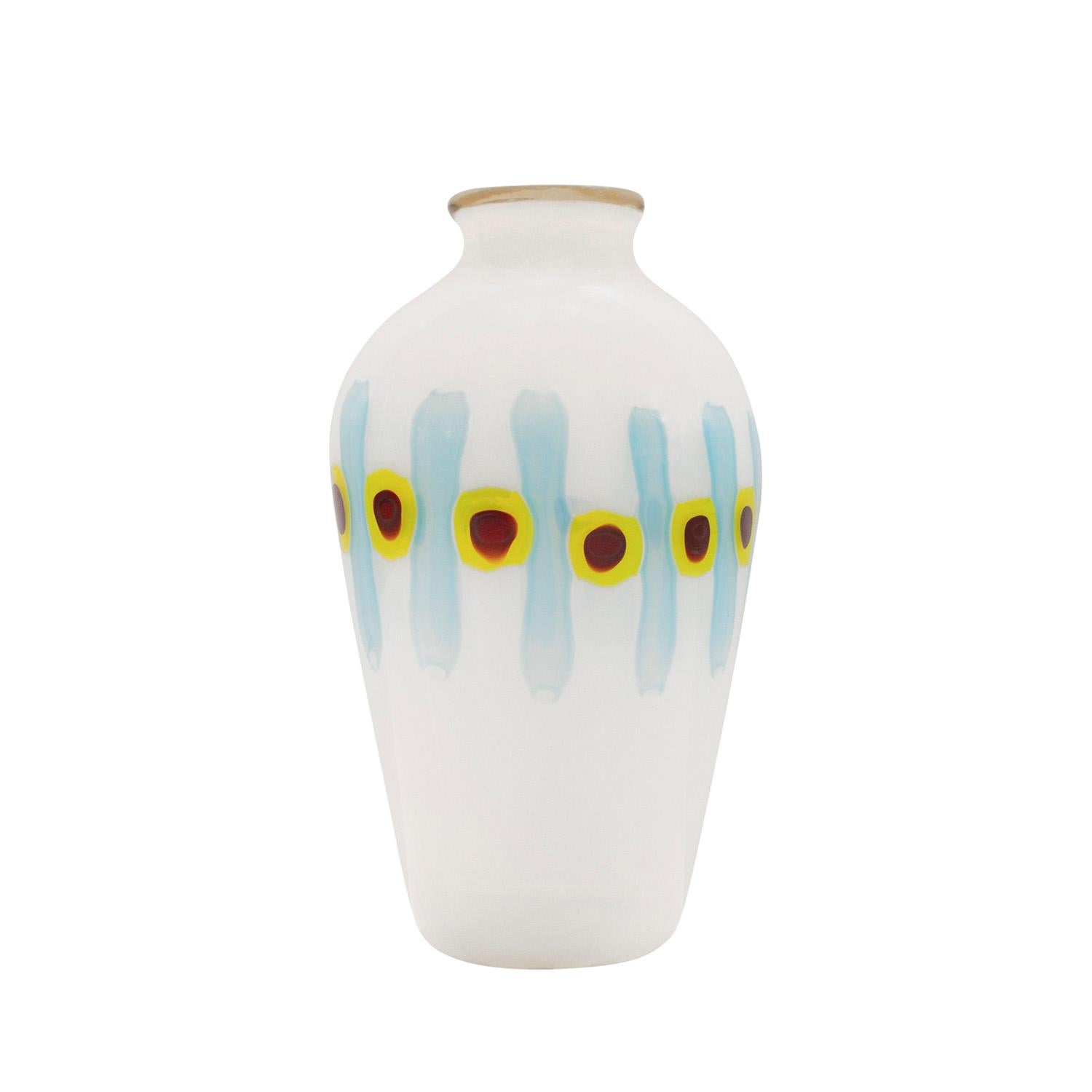 Hand-blown glass vase from the Murrine Incatenate Series in opaline glass with red and yellow murrhines and light blue rods by Anzolo Fuga for Arte Vetraria Muranese (A.V.E.M.) Murano Italy, 1959-60. Fuga created unique works of art that are