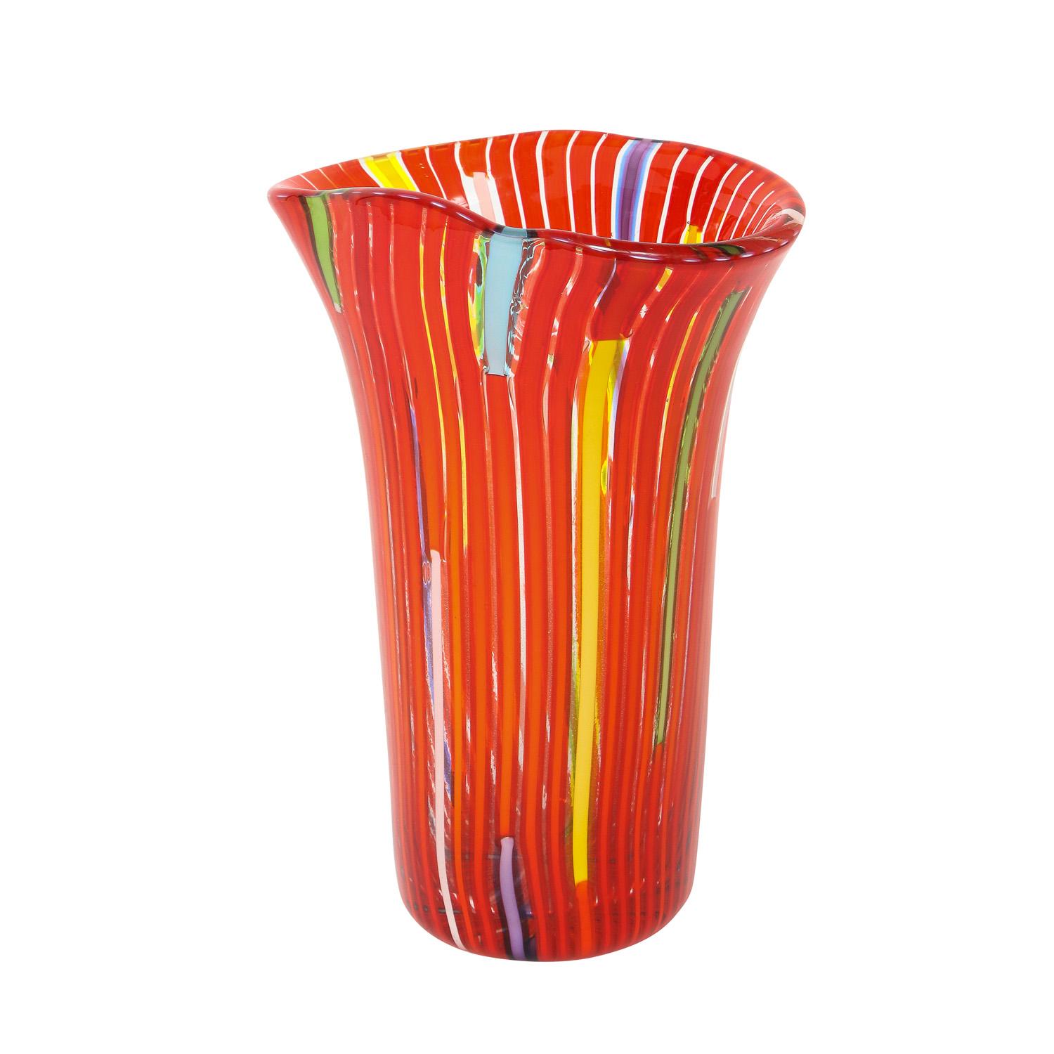 Hand-blown glass vase with multicolor vertical rods by Anzolo Fuga for AVEM (Arte Vetraria Muranese), Murano Italy, 1955-6. The clear and colorful rods interspersed among the red on white rods creates a very striking design. 

Literature: 
Anzolo