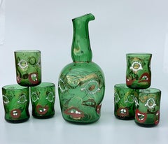 Anzolo Fuga Murano Art Glass Set of Glasses and Pitcher Grotesque Faces Enamel