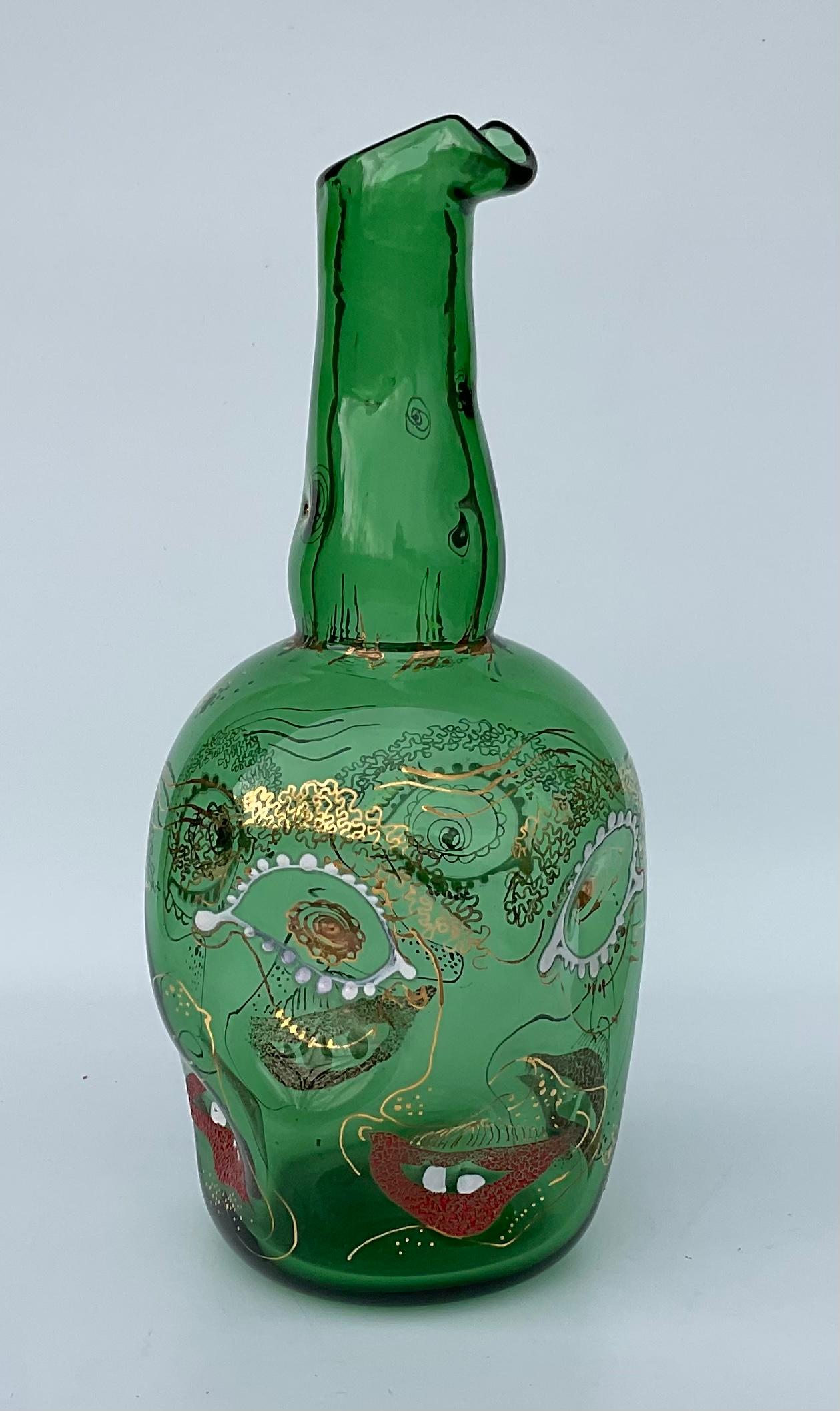 Mid-Century Modern Anzolo Fuga Murano Art Glass Set of glasses and pitcher grotesque faces enamel  en vente