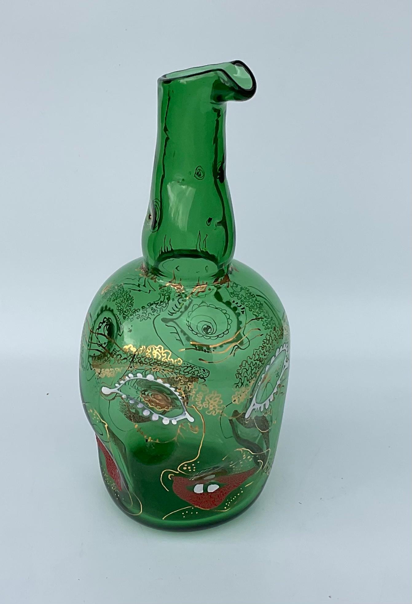italien Anzolo Fuga Murano Art Glass Set of glasses and pitcher grotesque faces enamel  en vente