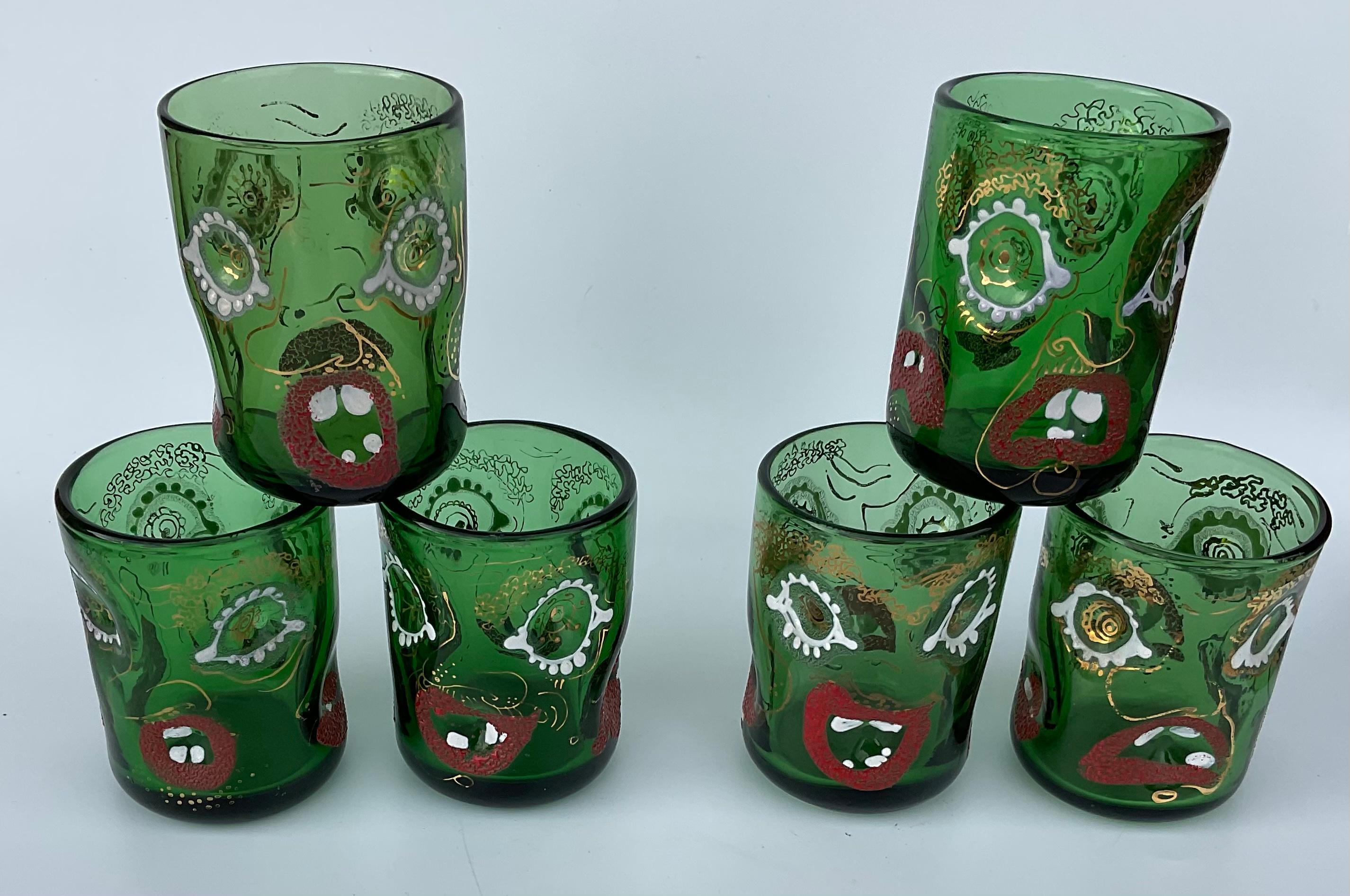 Italian Anzolo Fuga Murano Art Glass Set of Glasses and Pitcher Grotesque Faces Enamel For Sale