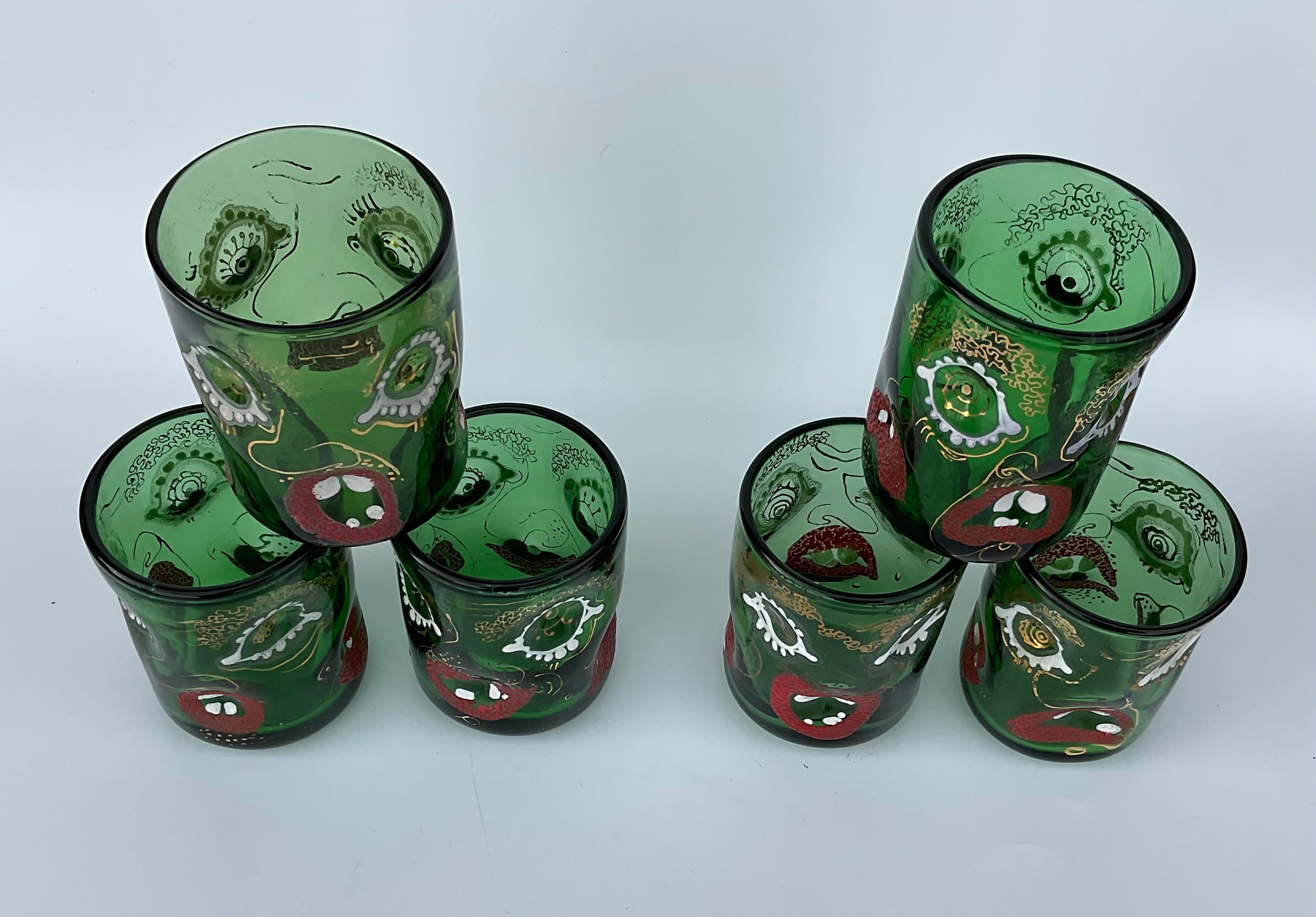 Anzolo Fuga Murano Art Glass Set of Glasses and Pitcher Grotesque Faces Enamel In Good Condition For Sale In Ann Arbor, MI